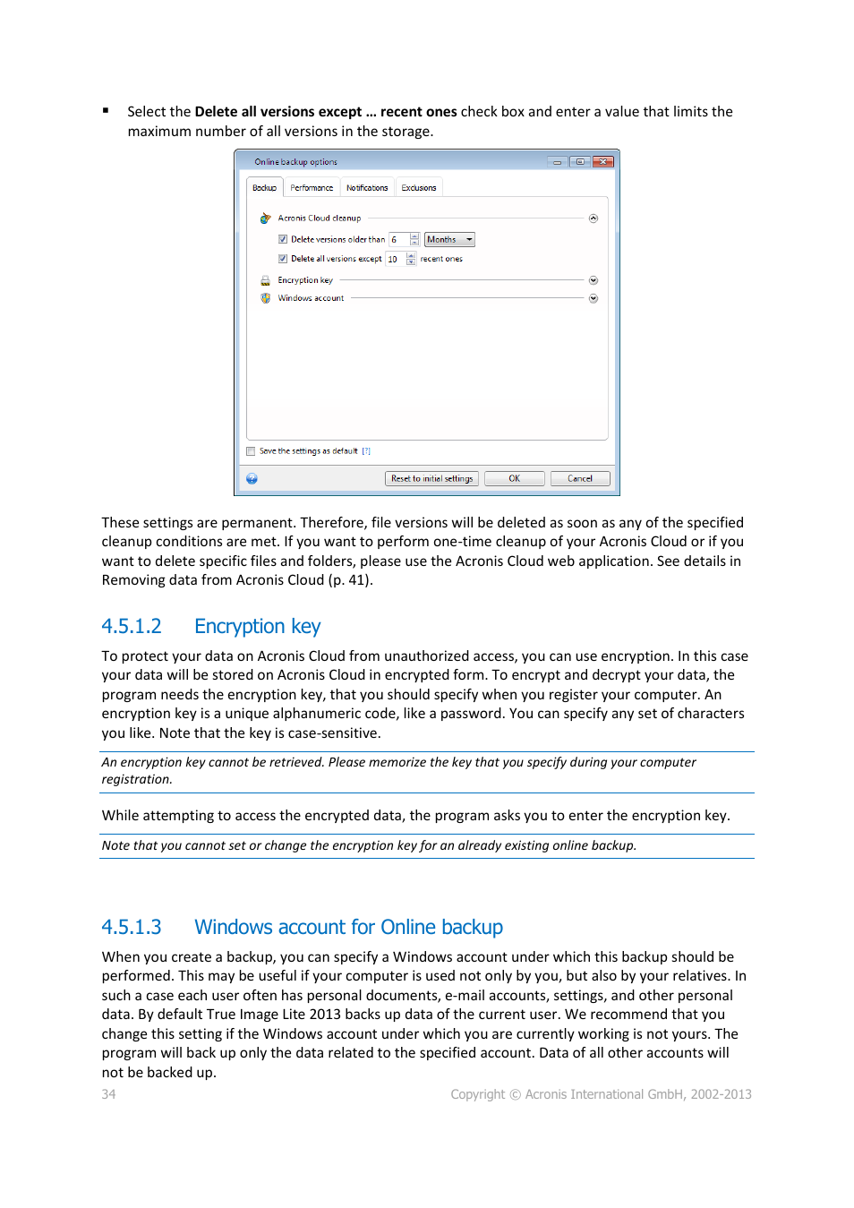 2 encryption key, 3 windows account for online backup | Acronis True Image Lite 2013 by Acronis - User Guide User Manual | Page 34 / 50