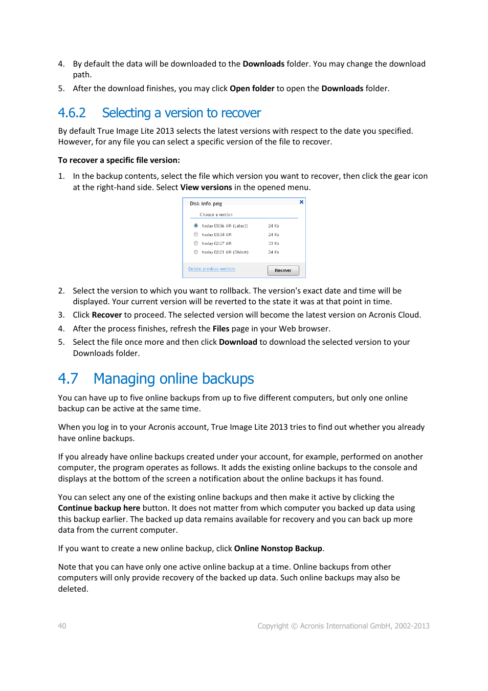 2 selecting a version to recover, 7 managing online backups, Selecting a version to recover | Managing online backups | Acronis True Image Lite 2013 by Acronis - User Guide User Manual | Page 40 / 50