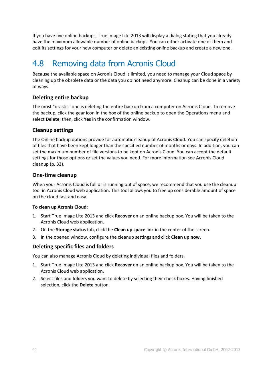 8 removing data from acronis cloud, Removing data from acronis cloud | Acronis True Image Lite 2013 by Acronis - User Guide User Manual | Page 41 / 50