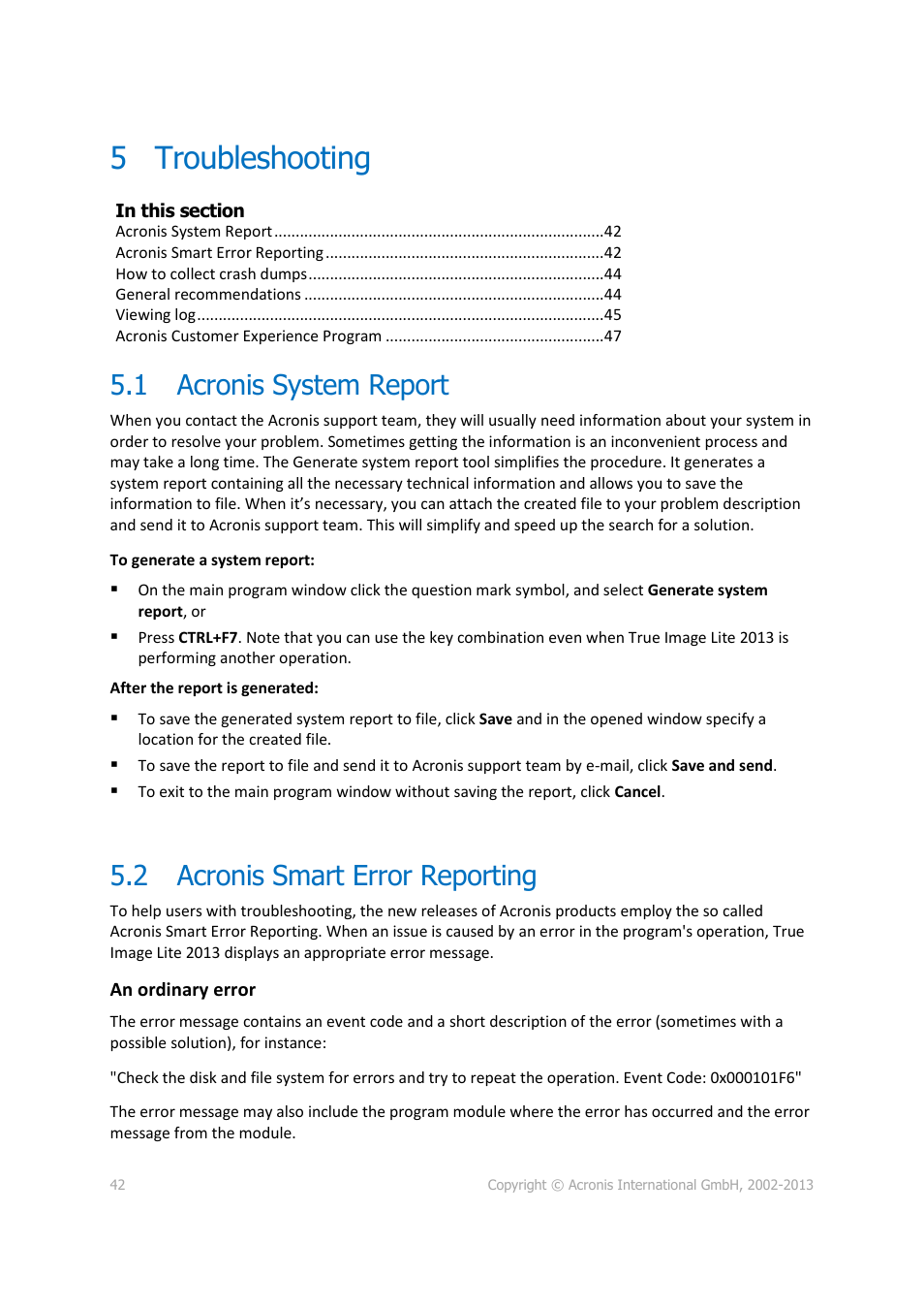 5 troubleshooting, 1 acronis system report, 2 acronis smart error reporting | Troubleshooting, Acronis system report, Acronis smart error reporting | Acronis True Image Lite 2013 by Acronis - User Guide User Manual | Page 42 / 50