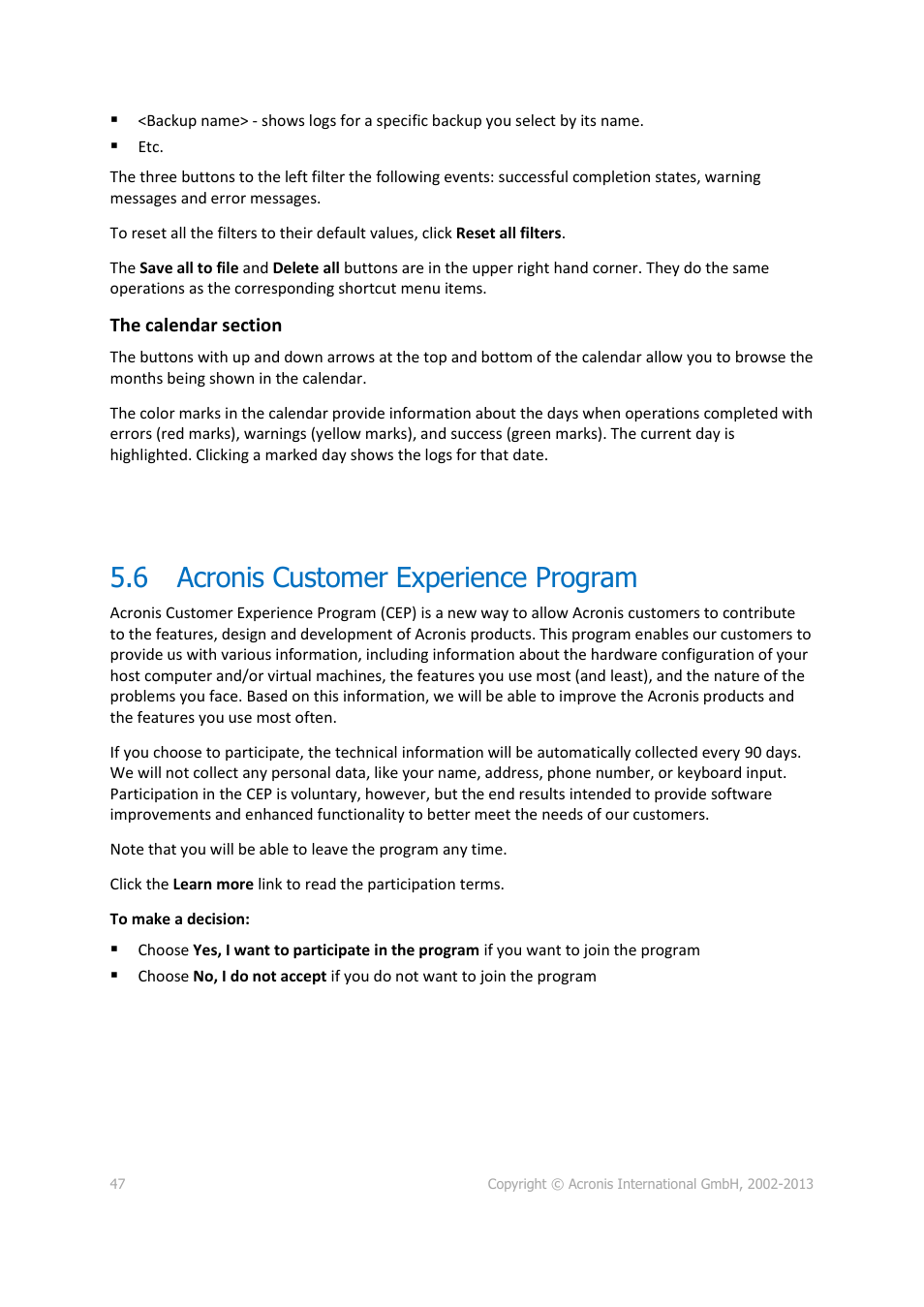 6 acronis customer experience program, Acronis customer experience program | Acronis True Image Lite 2013 by Acronis - User Guide User Manual | Page 47 / 50