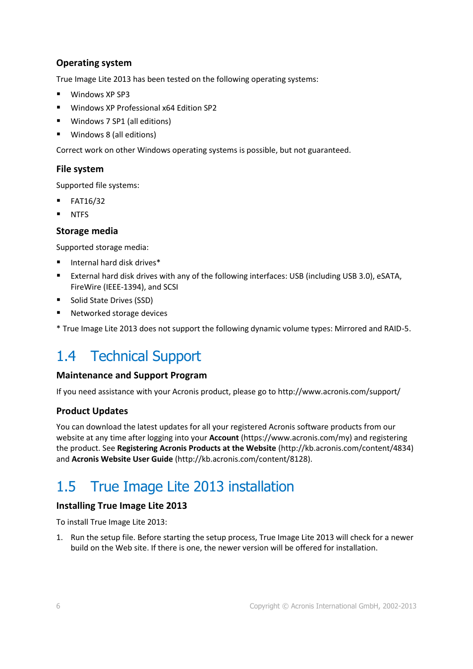 4 technical support, 5 true image lite 2013 installation, Technical support | True image lite 2013 installation | Acronis True Image Lite 2013 by Acronis - User Guide User Manual | Page 6 / 50