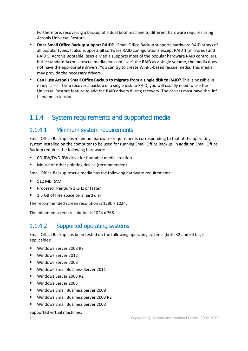 4 system requirements and supported media, 1 minimum system requirements, 2 supported operating systems | System requirements and supported media | Acronis Server Cloud Backup - User Guide User Manual | Page 10 / 142