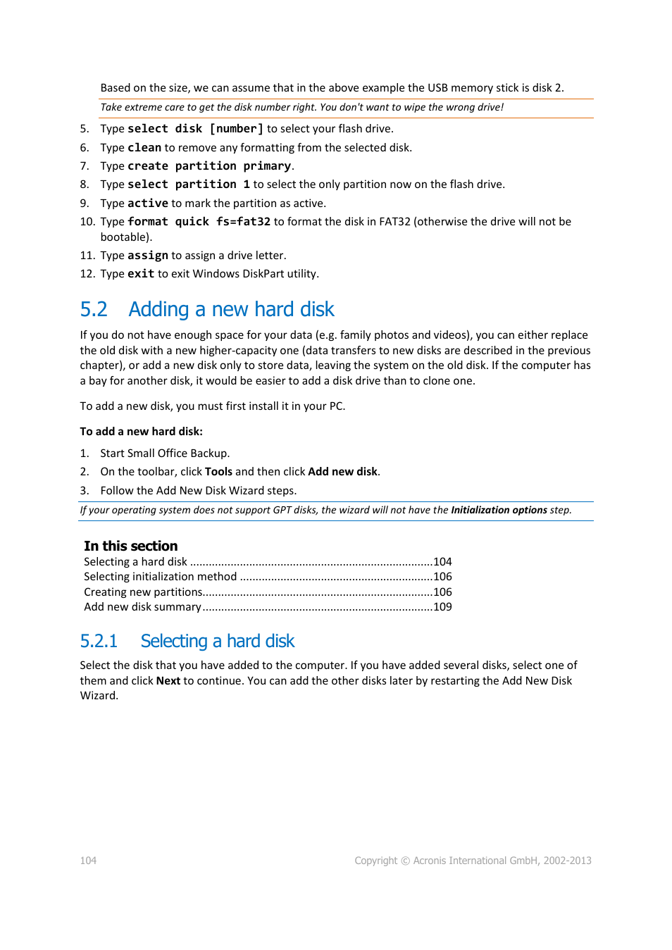 2 adding a new hard disk, 1 selecting a hard disk, Adding a new hard disk | Selecting a hard disk | Acronis Server Cloud Backup - User Guide User Manual | Page 104 / 142