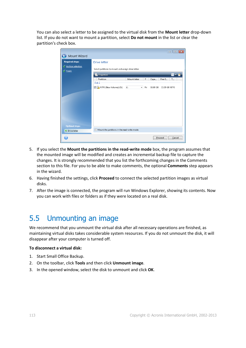 5 unmounting an image, Unmounting an image | Acronis Server Cloud Backup - User Guide User Manual | Page 113 / 142