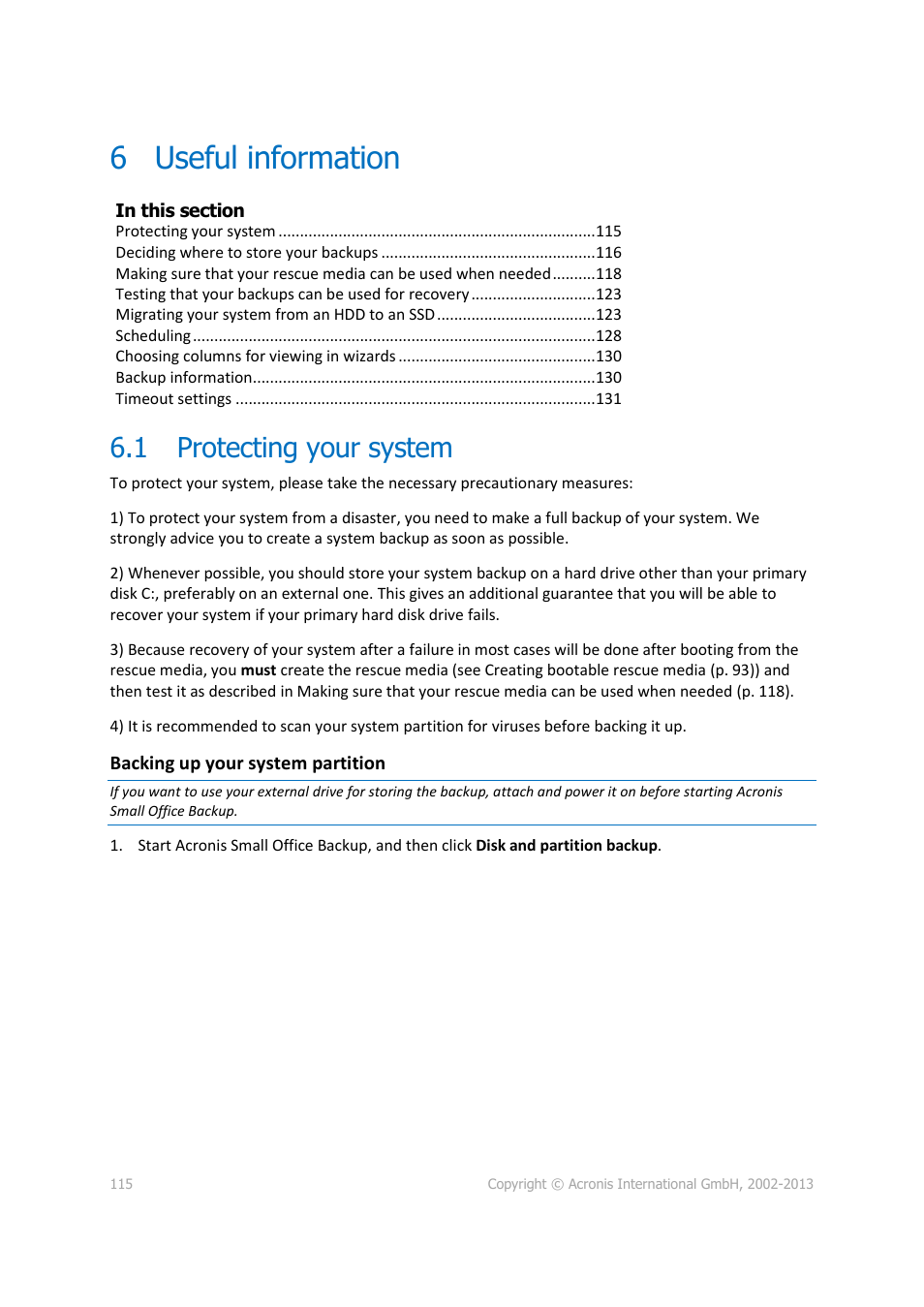 6 useful information, 1 protecting your system, Useful information | Protecting your system | Acronis Server Cloud Backup - User Guide User Manual | Page 115 / 142
