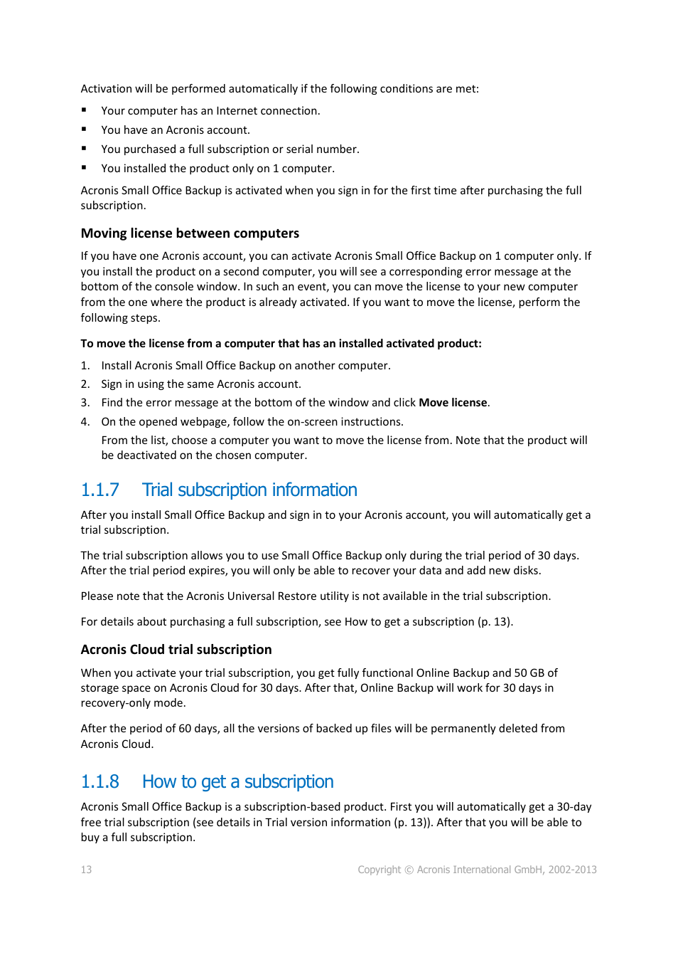 7 trial subscription information, 8 how to get a subscription, Trial subscription information | How to get a subscription | Acronis Server Cloud Backup - User Guide User Manual | Page 13 / 142