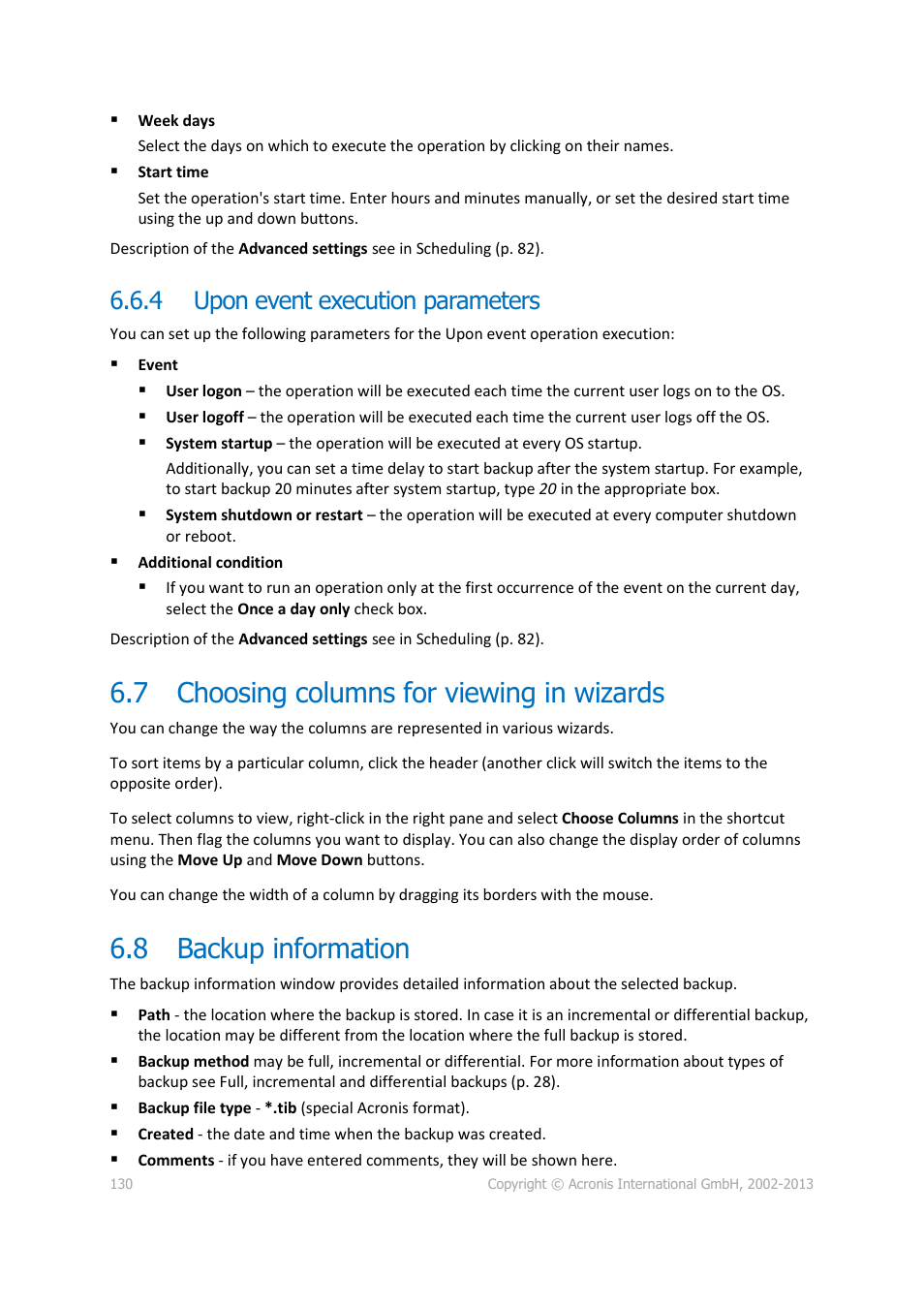 4 upon event execution parameters, 7 choosing columns for viewing in wizards, 8 backup information | Upon event execution parameters, Choosing columns for viewing in wizards, Backup information | Acronis Server Cloud Backup - User Guide User Manual | Page 130 / 142