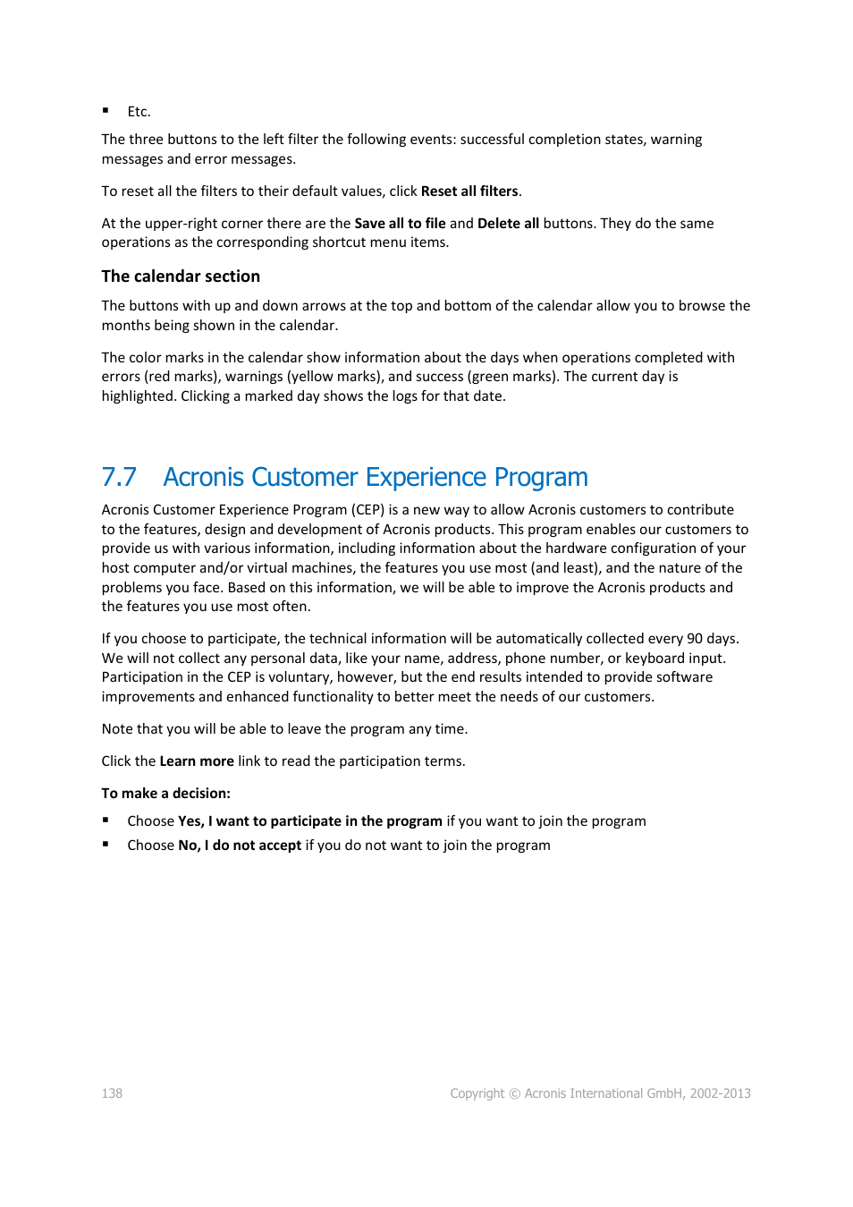 7 acronis customer experience program, Acronis customer experience program | Acronis Server Cloud Backup - User Guide User Manual | Page 138 / 142