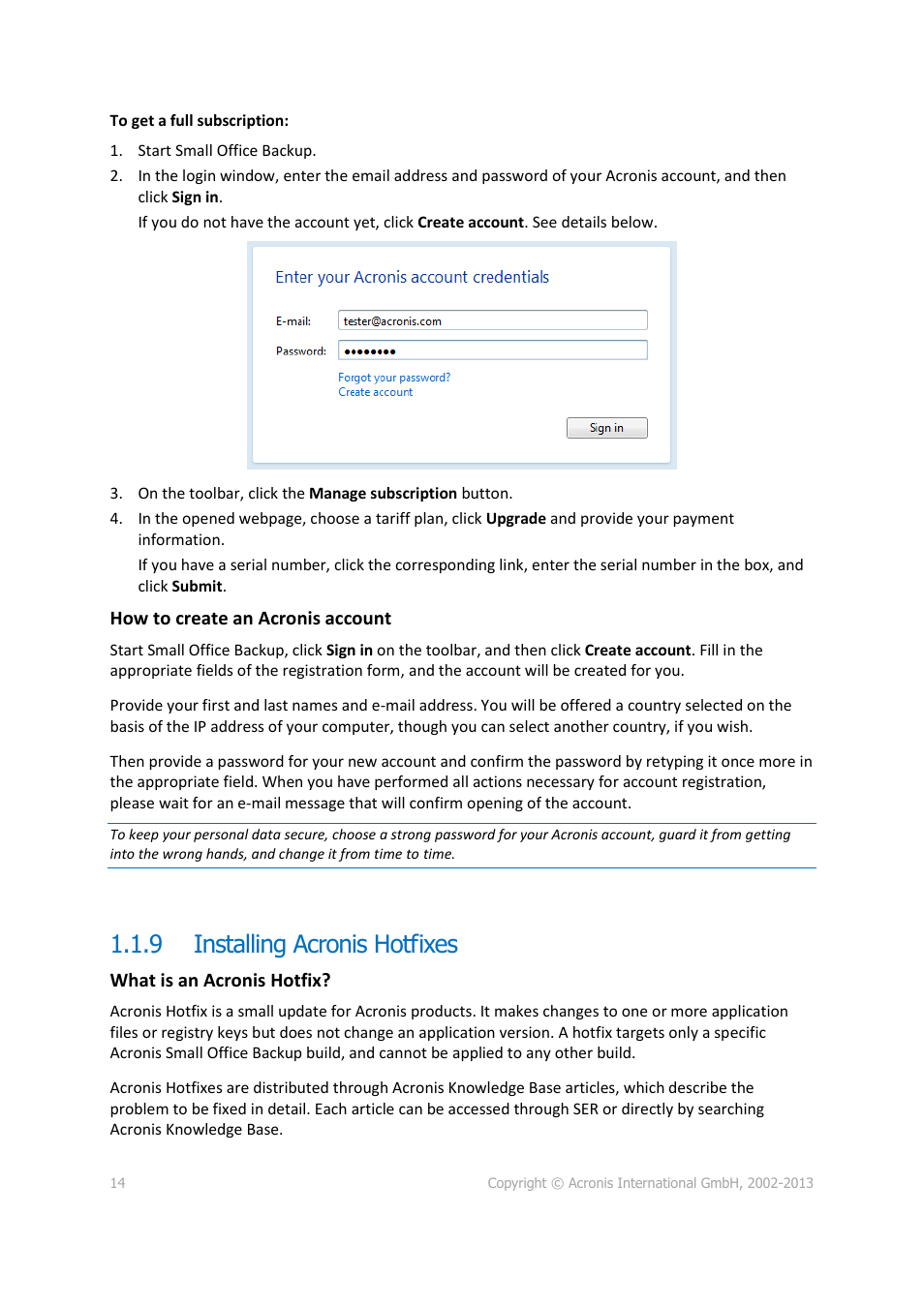 9 installing acronis hotfixes, Installing acronis hotfixes | Acronis Server Cloud Backup - User Guide User Manual | Page 14 / 142