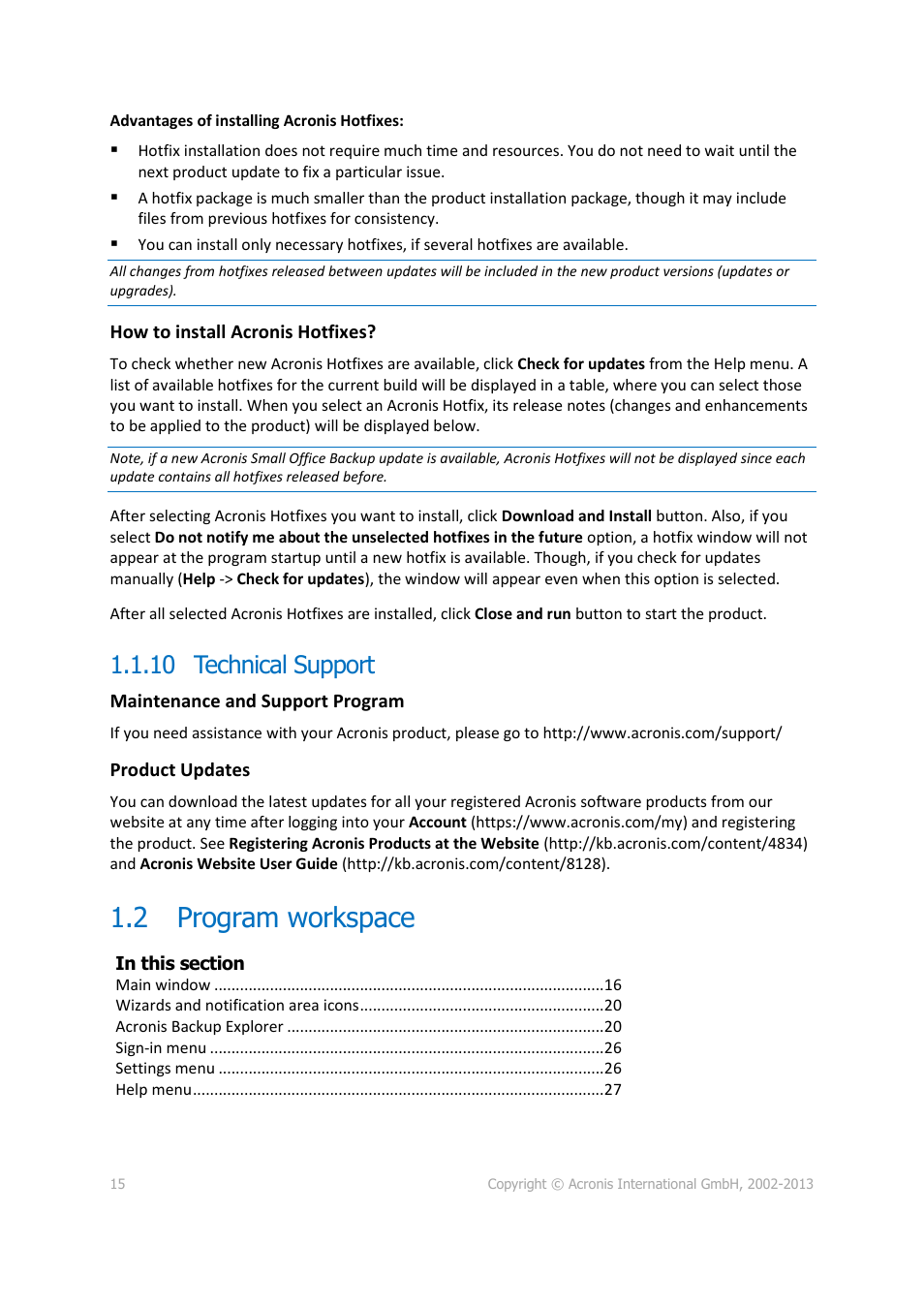 10 technical support, 2 program workspace, Program workspace | Technical support | Acronis Server Cloud Backup - User Guide User Manual | Page 15 / 142