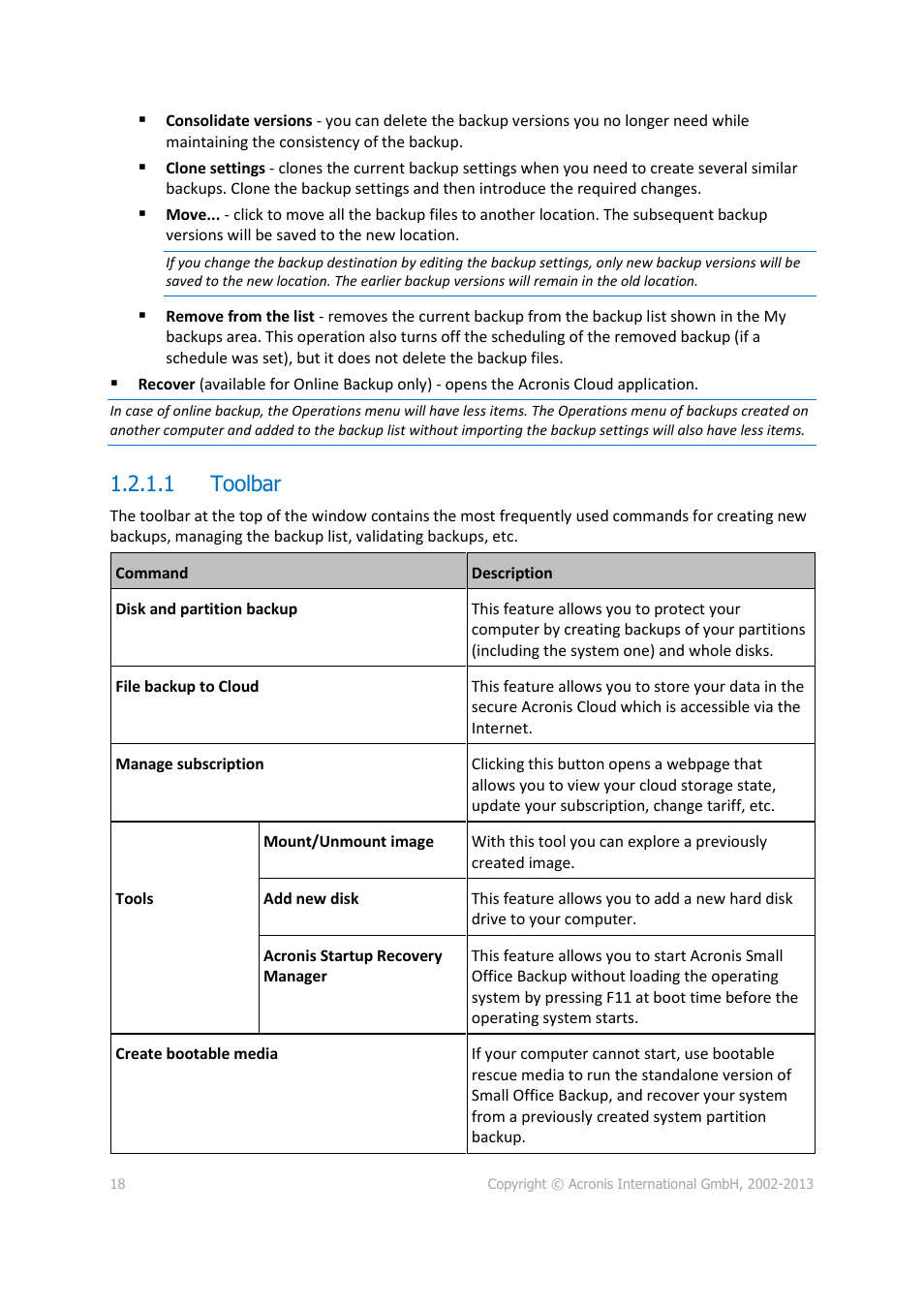 1 toolbar | Acronis Server Cloud Backup - User Guide User Manual | Page 18 / 142