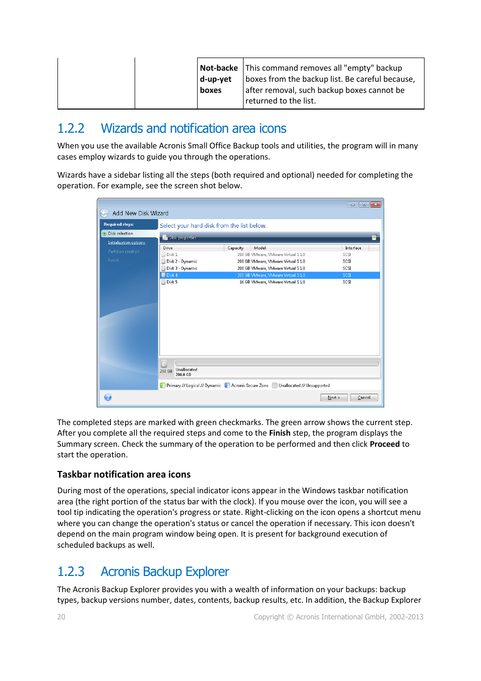 2 wizards and notification area icons, 3 acronis backup explorer, Wizards and notification area icons | Acronis backup explorer | Acronis Server Cloud Backup - User Guide User Manual | Page 20 / 142