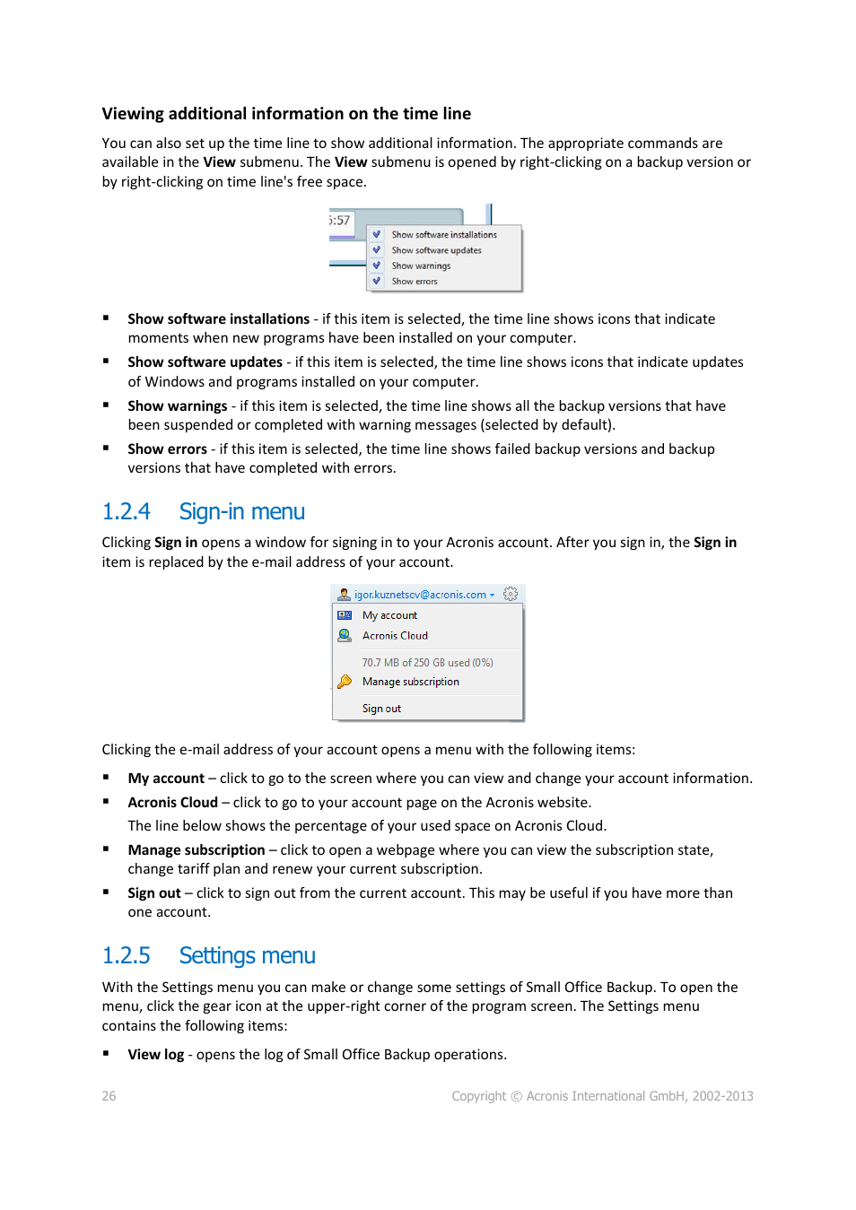 4 sign-in menu, 5 settings menu, Sign-in menu | Settings menu | Acronis Server Cloud Backup - User Guide User Manual | Page 26 / 142