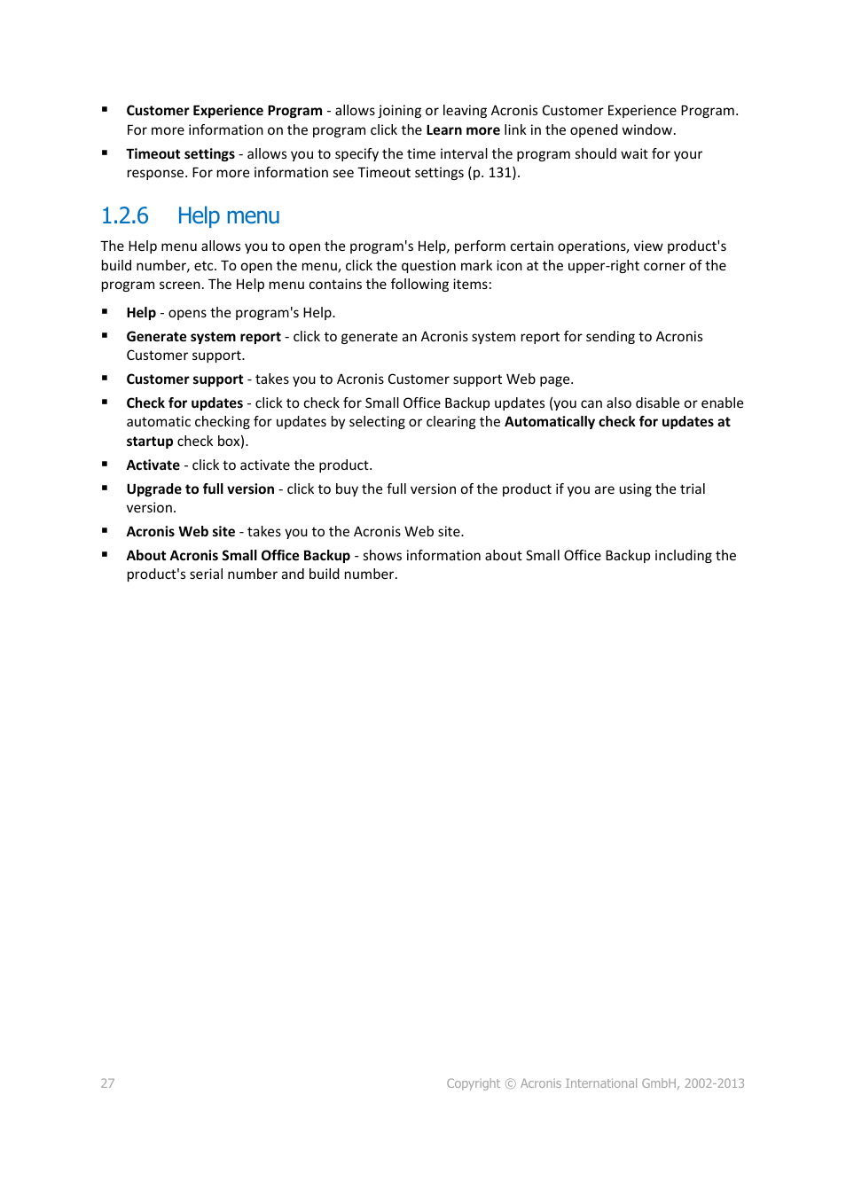 6 help menu, Help menu | Acronis Server Cloud Backup - User Guide User Manual | Page 27 / 142