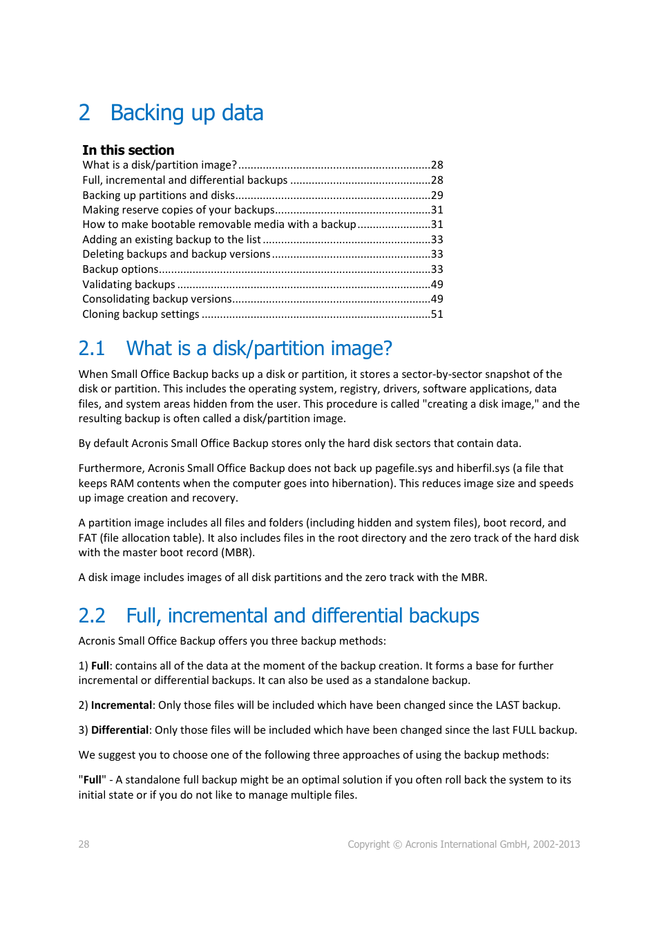 2 backing up data, 1 what is a disk/partition image, 2 full, incremental and differential backups | Backing up data, What is a disk/partition image, Full, incremental and differential backups | Acronis Server Cloud Backup - User Guide User Manual | Page 28 / 142