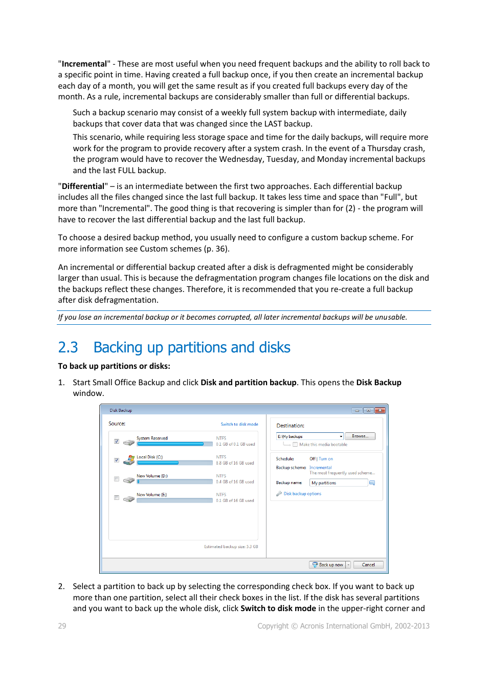 3 backing up partitions and disks, Backing up partitions and disks | Acronis Server Cloud Backup - User Guide User Manual | Page 29 / 142