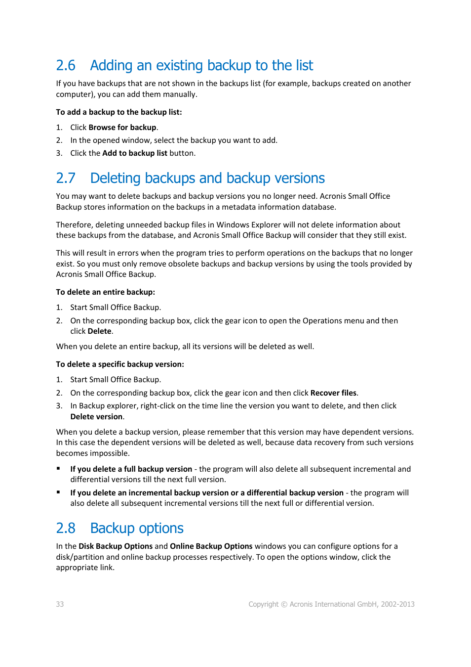 6 adding an existing backup to the list, 7 deleting backups and backup versions, 8 backup options | Adding an existing backup to the list, Deleting backups and backup versions, Backup options, P. 33) | Acronis Server Cloud Backup - User Guide User Manual | Page 33 / 142