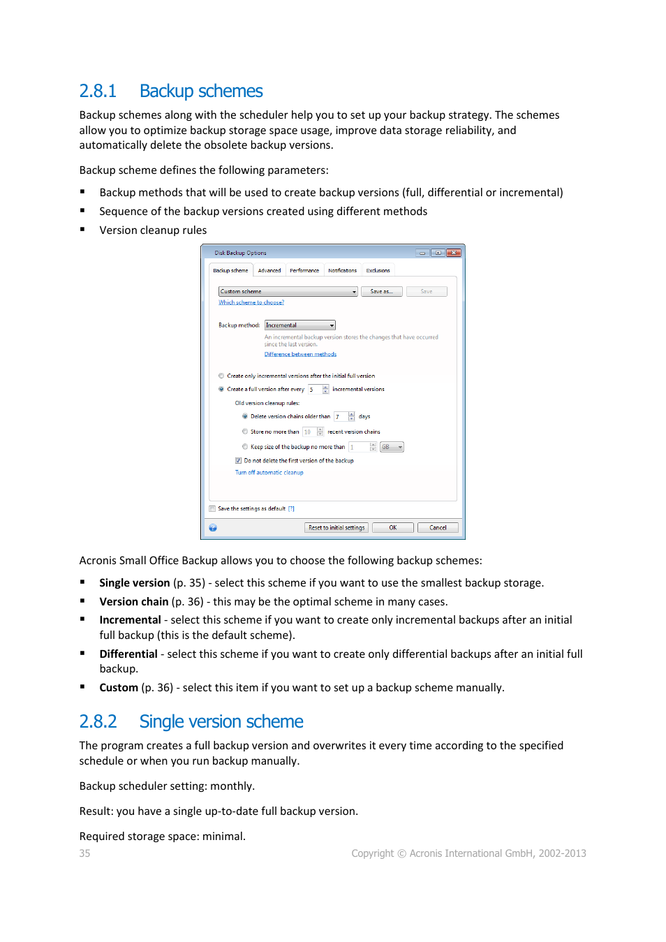 1 backup schemes, 2 single version scheme, Backup schemes | Single version scheme, P. 35) | Acronis Server Cloud Backup - User Guide User Manual | Page 35 / 142