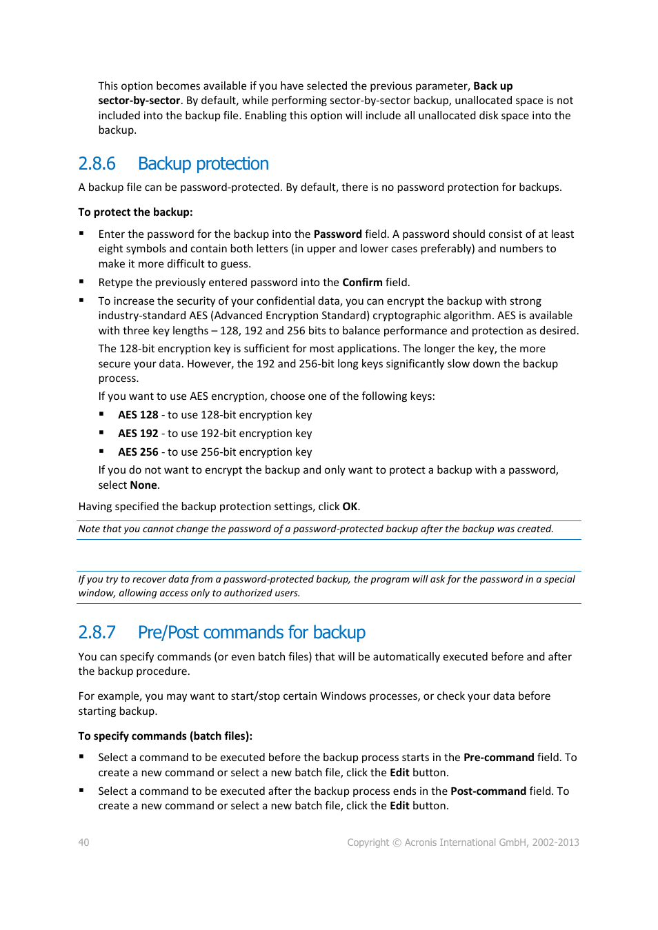 6 backup protection, 7 pre/post commands for backup, Backup protection | Pre/post commands for backup | Acronis Server Cloud Backup - User Guide User Manual | Page 40 / 142