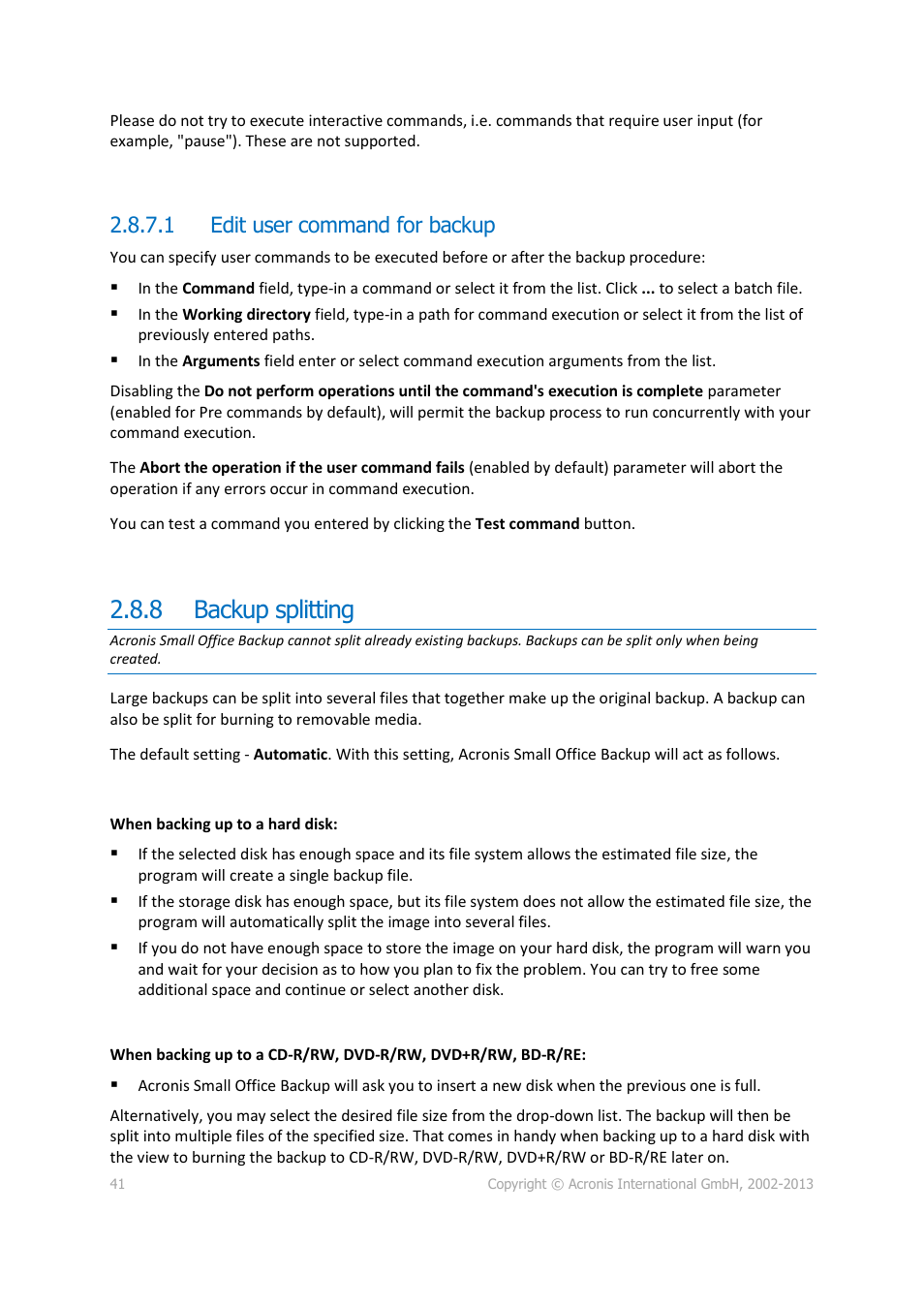 1 edit user command for backup, 8 backup splitting, Backup splitting | Acronis Server Cloud Backup - User Guide User Manual | Page 41 / 142