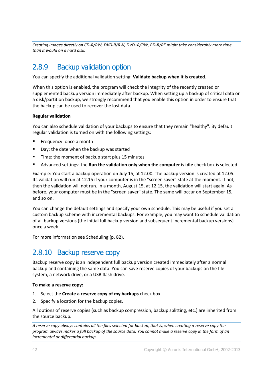 9 backup validation option, 10 backup reserve copy, Backup validation option | Backup reserve copy | Acronis Server Cloud Backup - User Guide User Manual | Page 42 / 142
