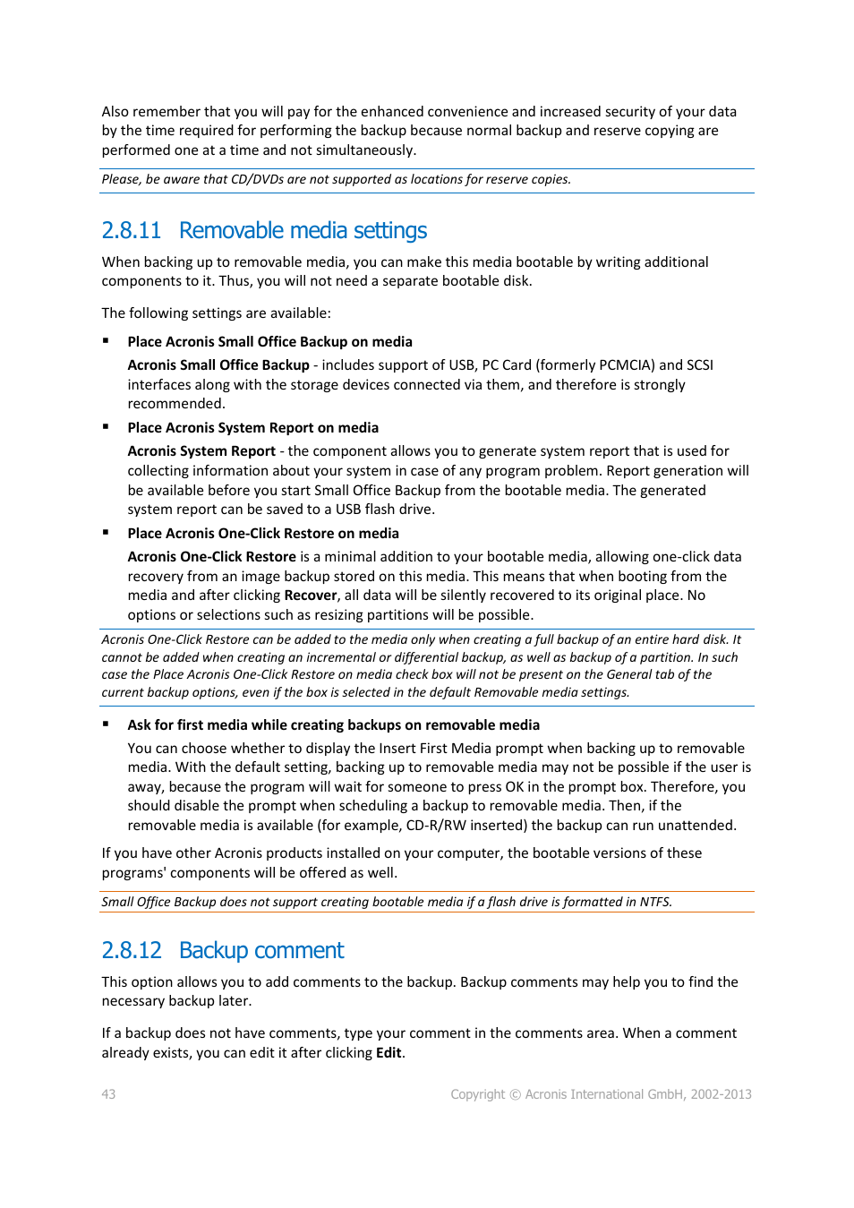 11 removable media settings, 12 backup comment, 11 removable media settings 2.8.12 backup comment | Removable media settings, Backup comment | Acronis Server Cloud Backup - User Guide User Manual | Page 43 / 142