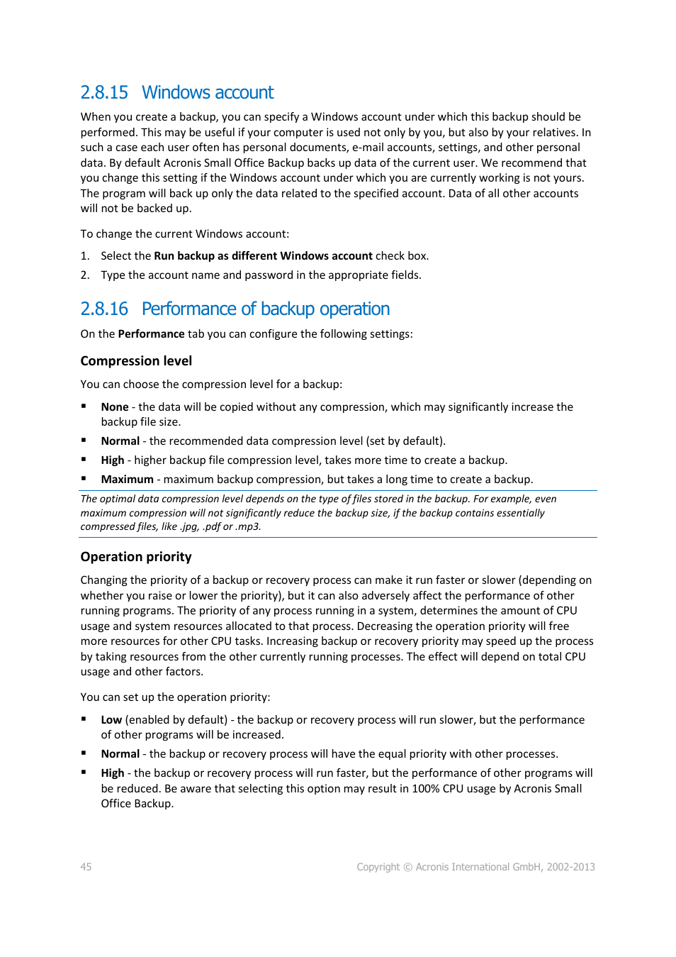 15 windows account, 16 performance of backup operation, Windows account | Performance of backup operation | Acronis Server Cloud Backup - User Guide User Manual | Page 45 / 142