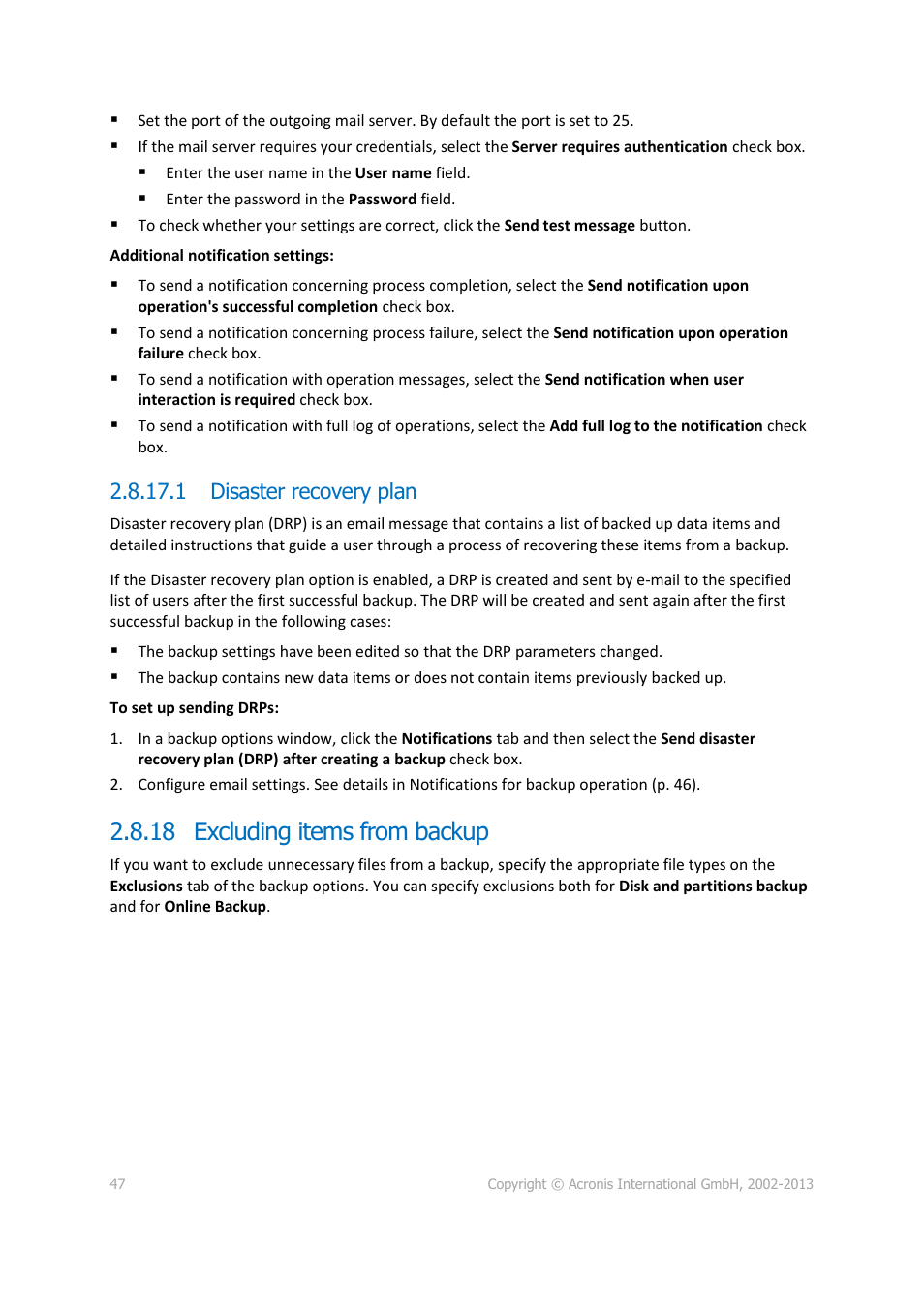 1 disaster recovery plan, 18 excluding items from backup, P. 47) | Excluding items from backup | Acronis Server Cloud Backup - User Guide User Manual | Page 47 / 142