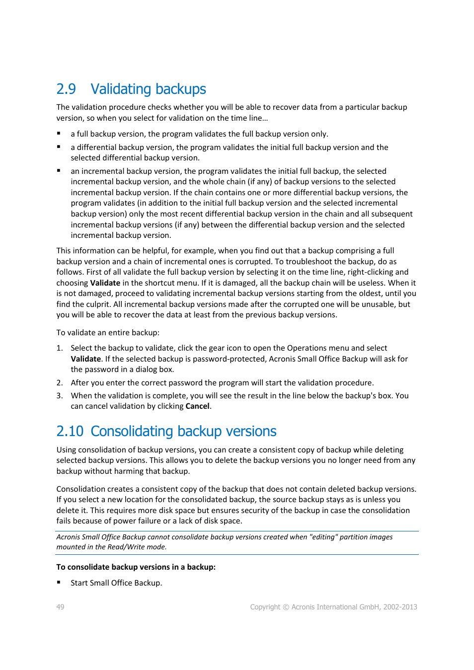 9 validating backups, 10 consolidating backup versions, Validating backups | Consolidating backup versions | Acronis Server Cloud Backup - User Guide User Manual | Page 49 / 142