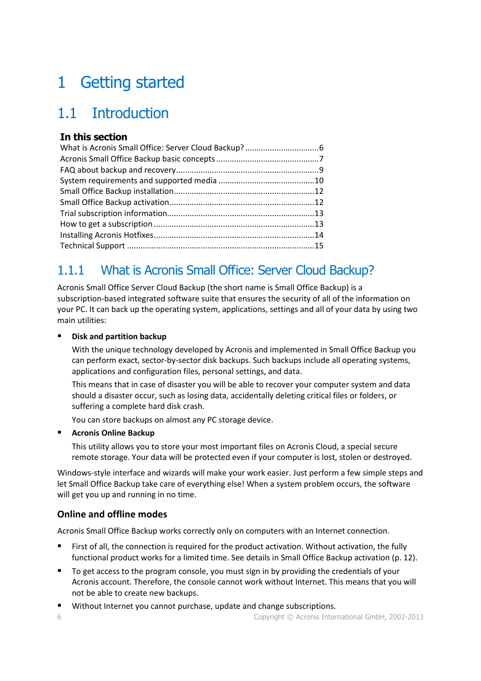 1 getting started, 1 introduction, Getting started | Introduction, What is acronis small office: server cloud backup | Acronis Server Cloud Backup - User Guide User Manual | Page 6 / 142