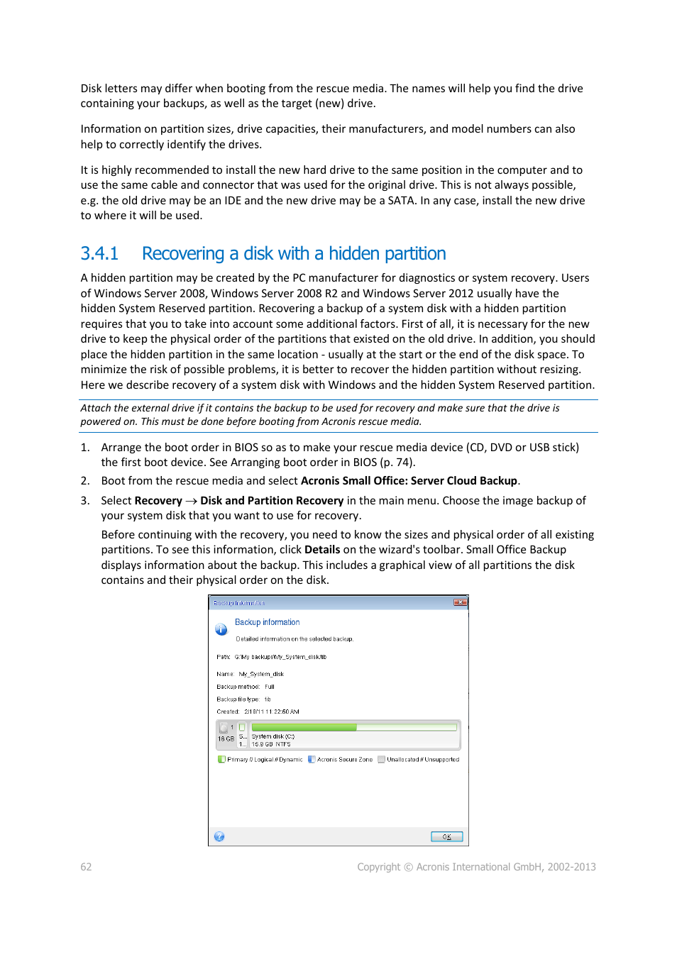 1 recovering a disk with a hidden partition, Recovering a disk with a hidden partition | Acronis Server Cloud Backup - User Guide User Manual | Page 62 / 142