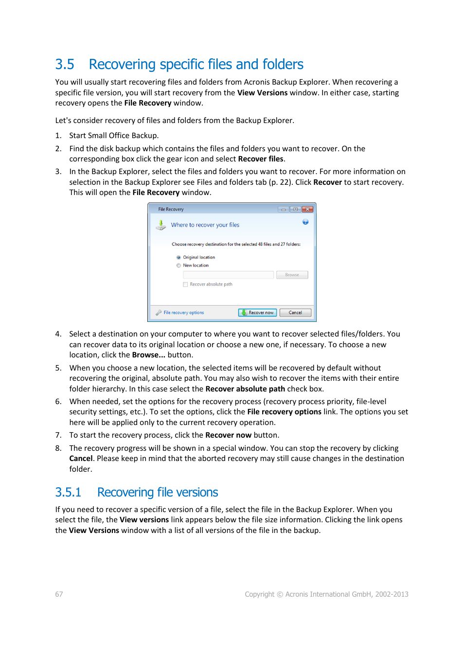 5 recovering specific files and folders, 1 recovering file versions, Recovering specific files and folders | Recovering file versions | Acronis Server Cloud Backup - User Guide User Manual | Page 67 / 142