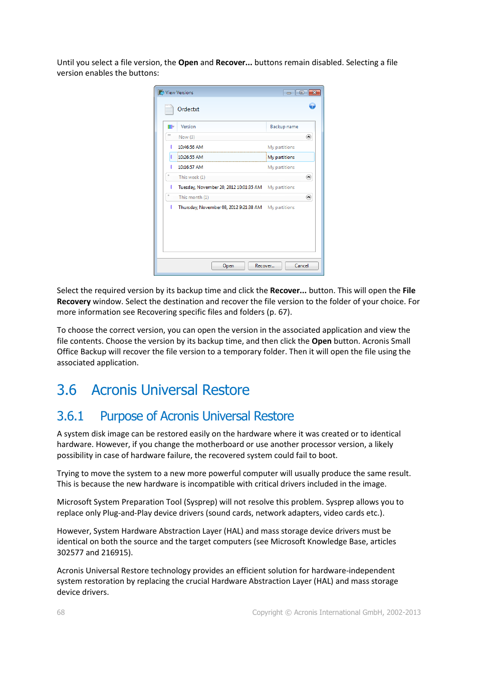 6 acronis universal restore, 1 purpose of acronis universal restore, Acronis universal restore | Purpose of acronis universal restore | Acronis Server Cloud Backup - User Guide User Manual | Page 68 / 142