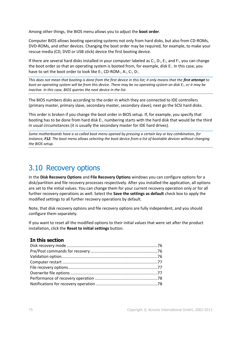 10 recovery options, Recovery options | Acronis Server Cloud Backup - User Guide User Manual | Page 75 / 142