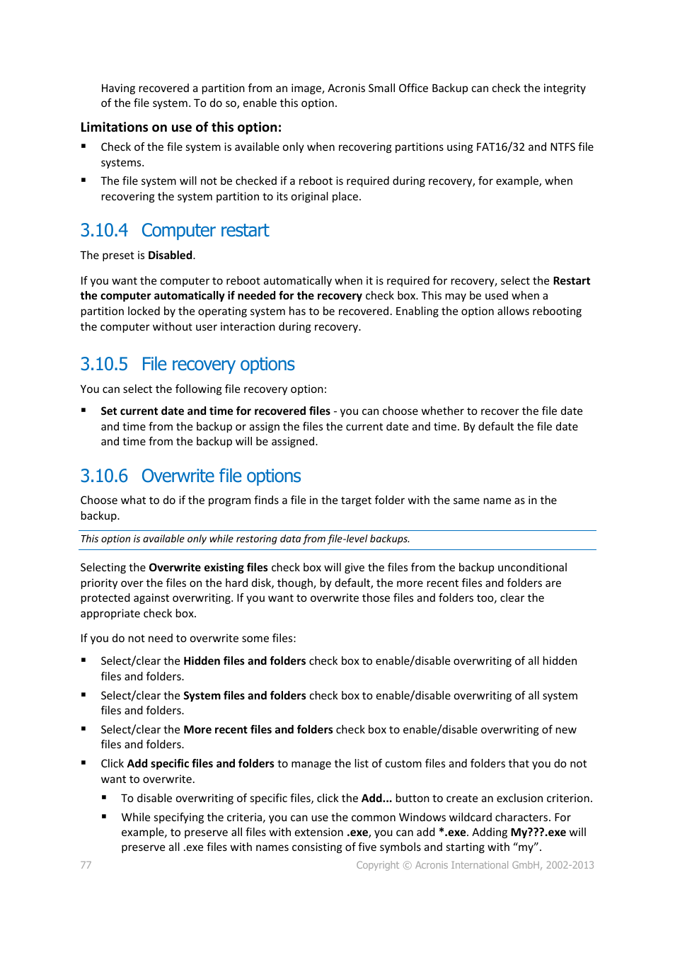 4 computer restart, 5 file recovery options, 6 overwrite file options | Computer restart, File recovery options, Overwrite file options | Acronis Server Cloud Backup - User Guide User Manual | Page 77 / 142