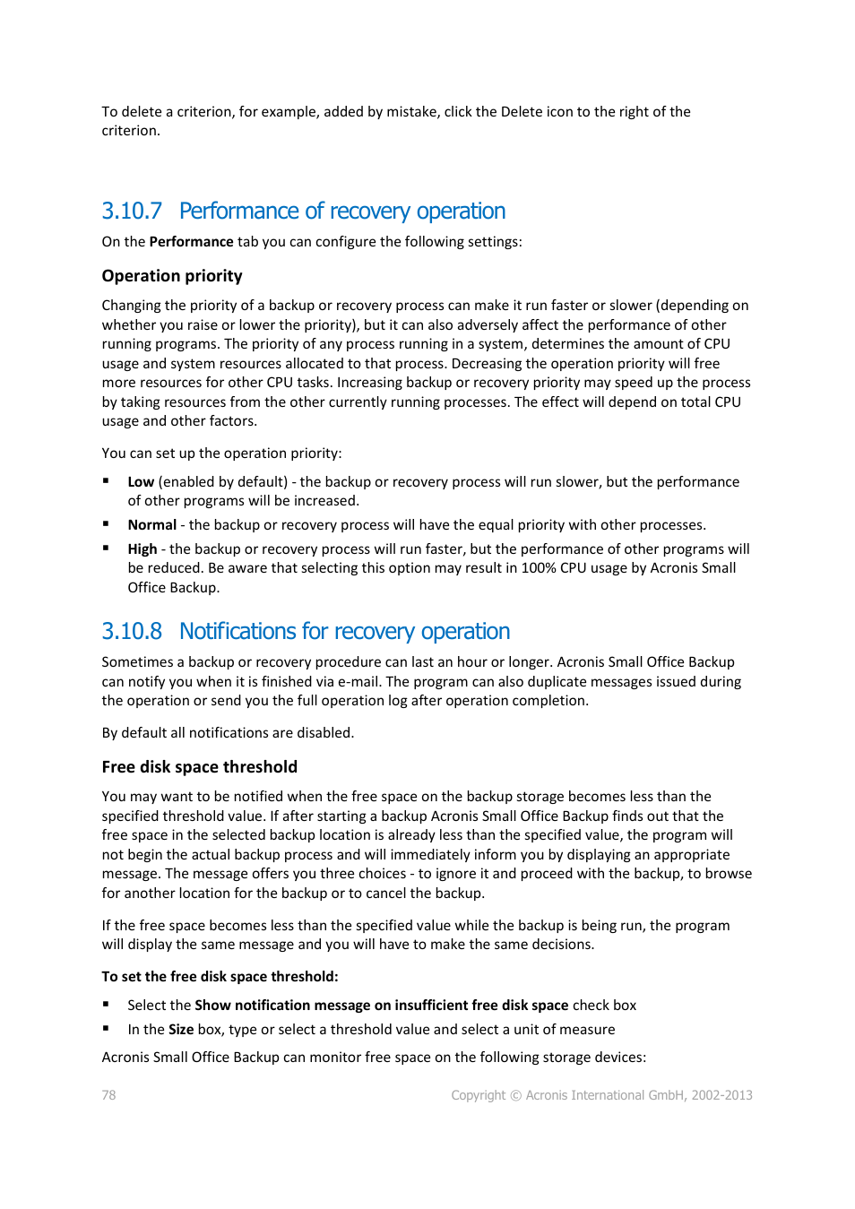 7 performance of recovery operation, 8 notifications for recovery operation, Performance of recovery operation | Notifications for recovery operation | Acronis Server Cloud Backup - User Guide User Manual | Page 78 / 142