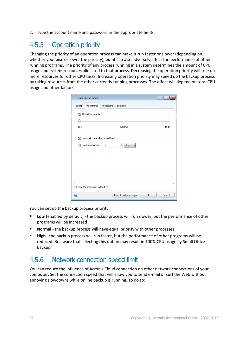 5 operation priority, 6 network connection speed limit, Operation priority | Network connection speed limit | Acronis Server Cloud Backup - User Guide User Manual | Page 87 / 142