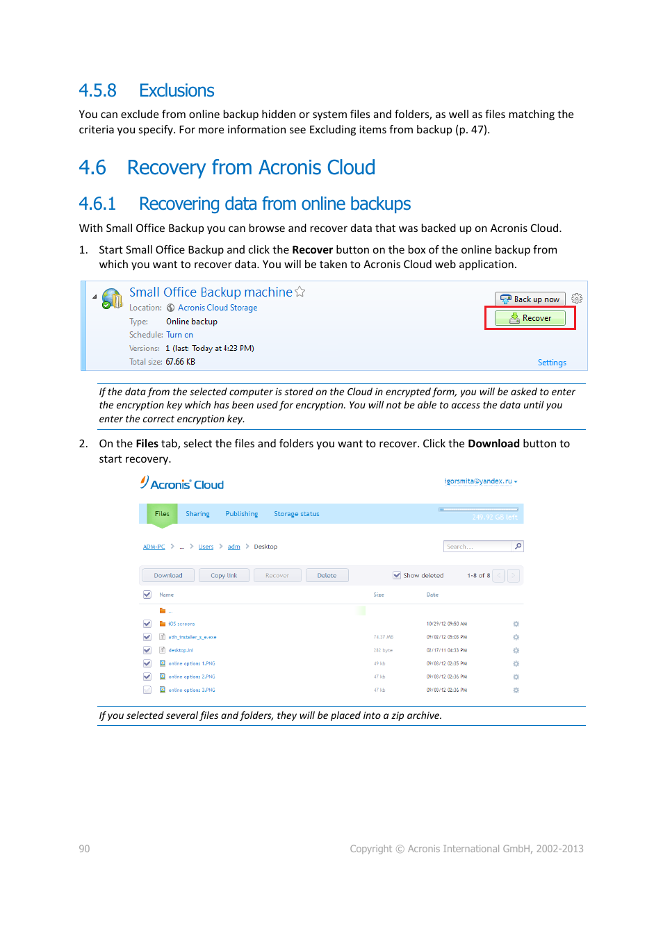 8 exclusions, 6 recovery from acronis cloud, 1 recovering data from online backups | Exclusions, Recovery from acronis cloud, Recovering data from online backups | Acronis Server Cloud Backup - User Guide User Manual | Page 90 / 142