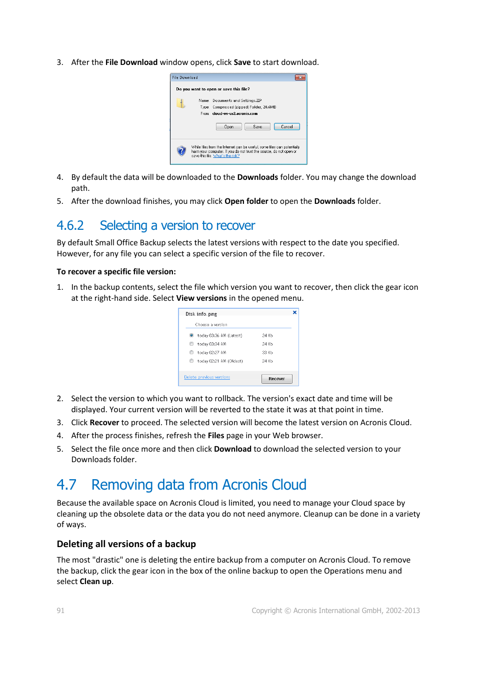 2 selecting a version to recover, 7 removing data from acronis cloud, Selecting a version to recover | Removing data from acronis cloud | Acronis Server Cloud Backup - User Guide User Manual | Page 91 / 142