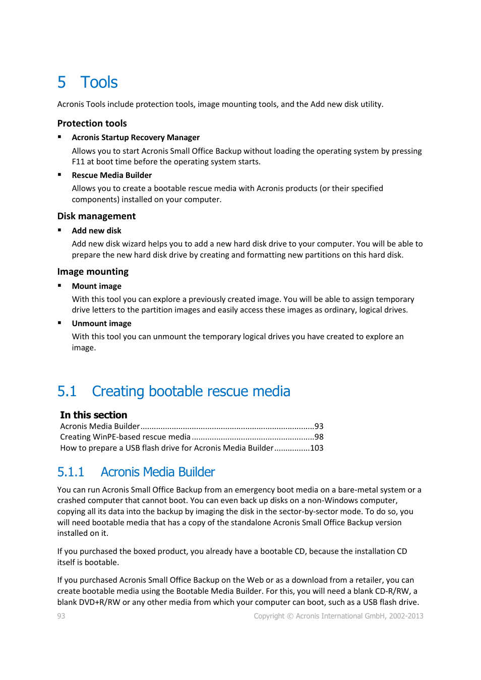 5 tools, 1 creating bootable rescue media, 1 acronis media builder | Tools, Creating bootable rescue media, Acronis media builder | Acronis Server Cloud Backup - User Guide User Manual | Page 93 / 142