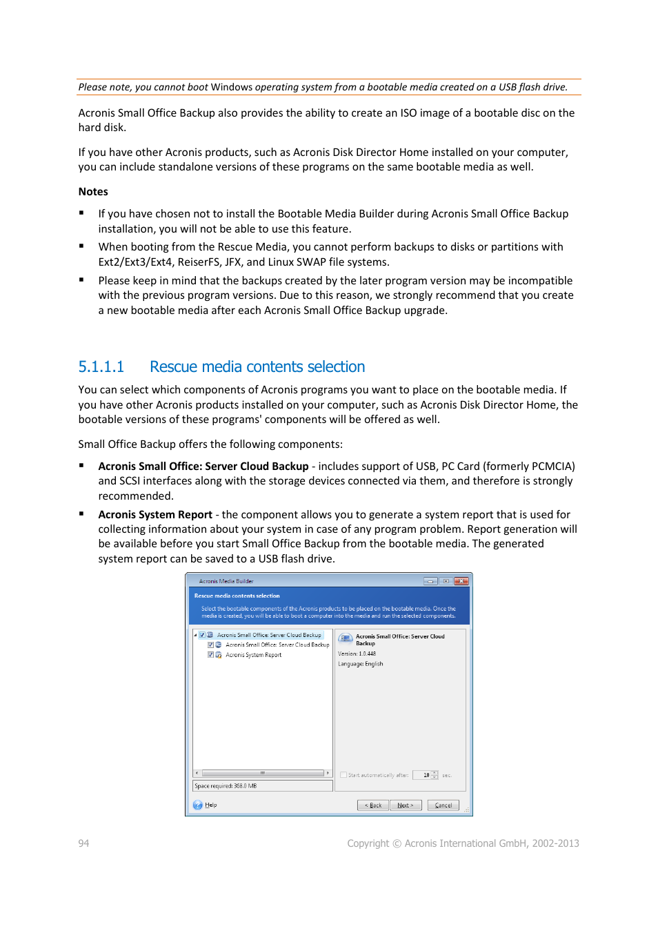 1 rescue media contents selection | Acronis Server Cloud Backup - User Guide User Manual | Page 94 / 142