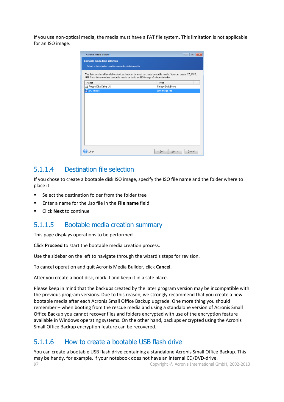 4 destination file selection, 5 bootable media creation summary, 6 how to create a bootable usb flash drive | Acronis Server Cloud Backup - User Guide User Manual | Page 97 / 142