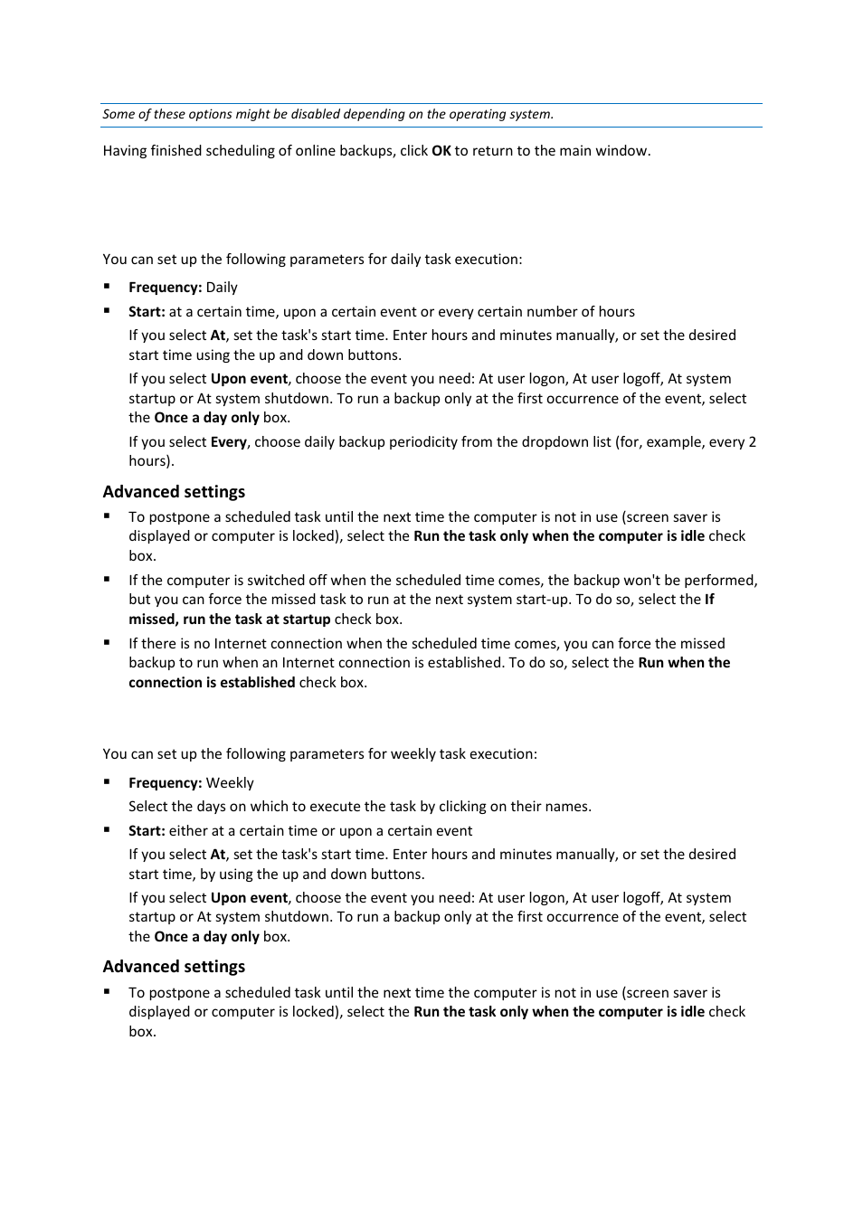 Daily execution parameters, Weekly execution parameters, 1 daily execution parameters | 2 weekly execution parameters | Acronis Cloud - User Guide User Manual | Page 17 / 31