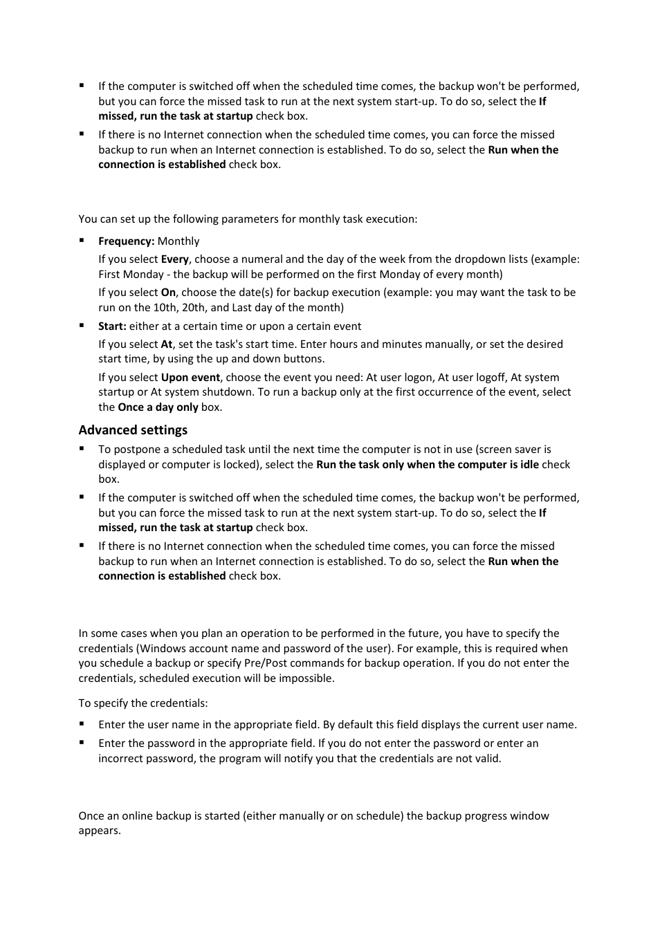 Monthly execution parameters, Credentials, Backup operation progress | 4 credentials, 5 backup operation progress, 3 monthly execution parameters | Acronis Cloud - User Guide User Manual | Page 18 / 31