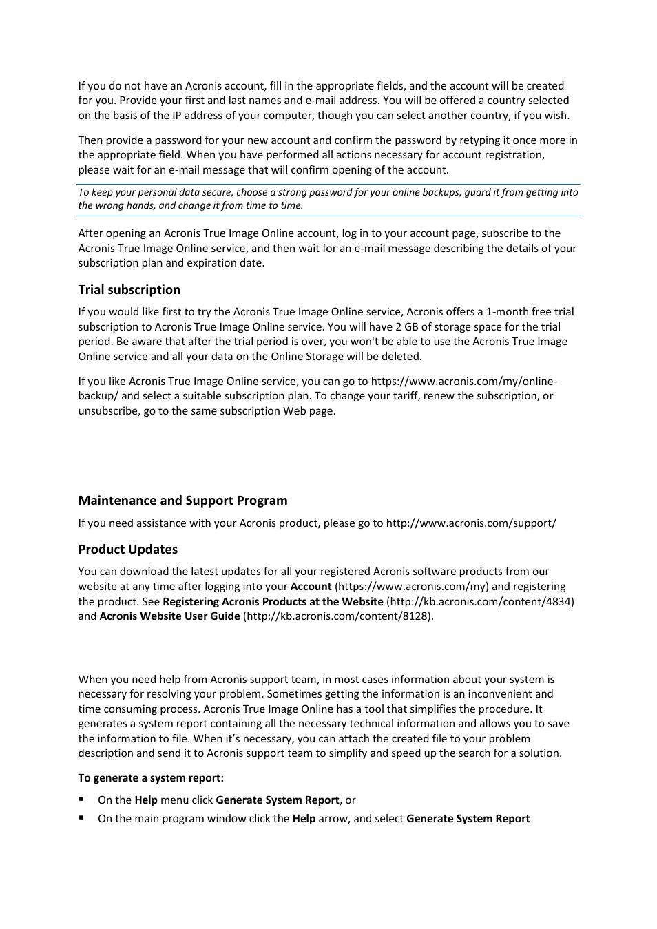 Technical support, Generating a system report, 5 technical support | 6 generating a system report | Acronis Cloud - User Guide User Manual | Page 6 / 31