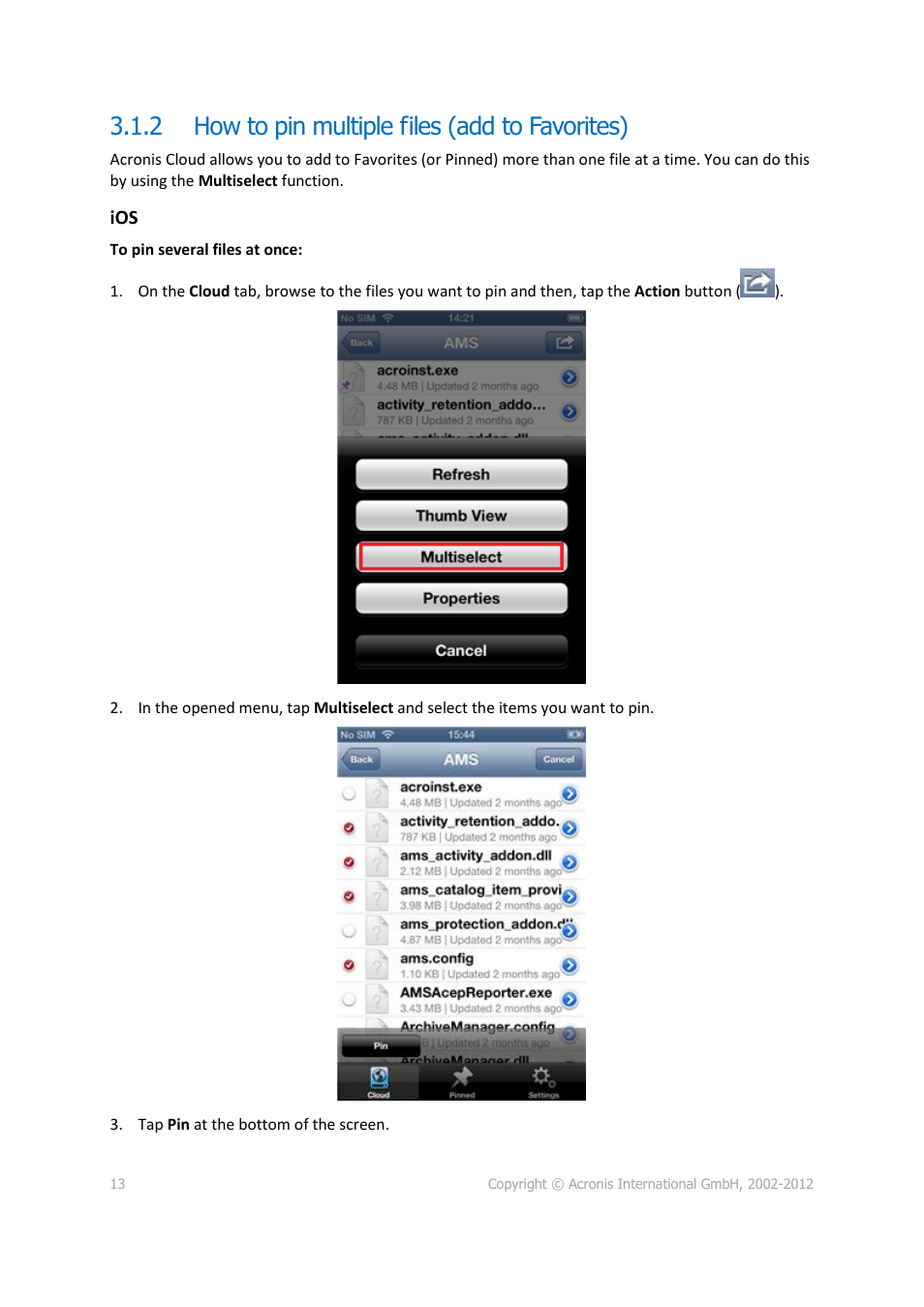 2 how to pin multiple files (add to favorites), How to pin multiple files (add to favorites) | Acronis Cloud Mobile App - User Guide User Manual | Page 13 / 15