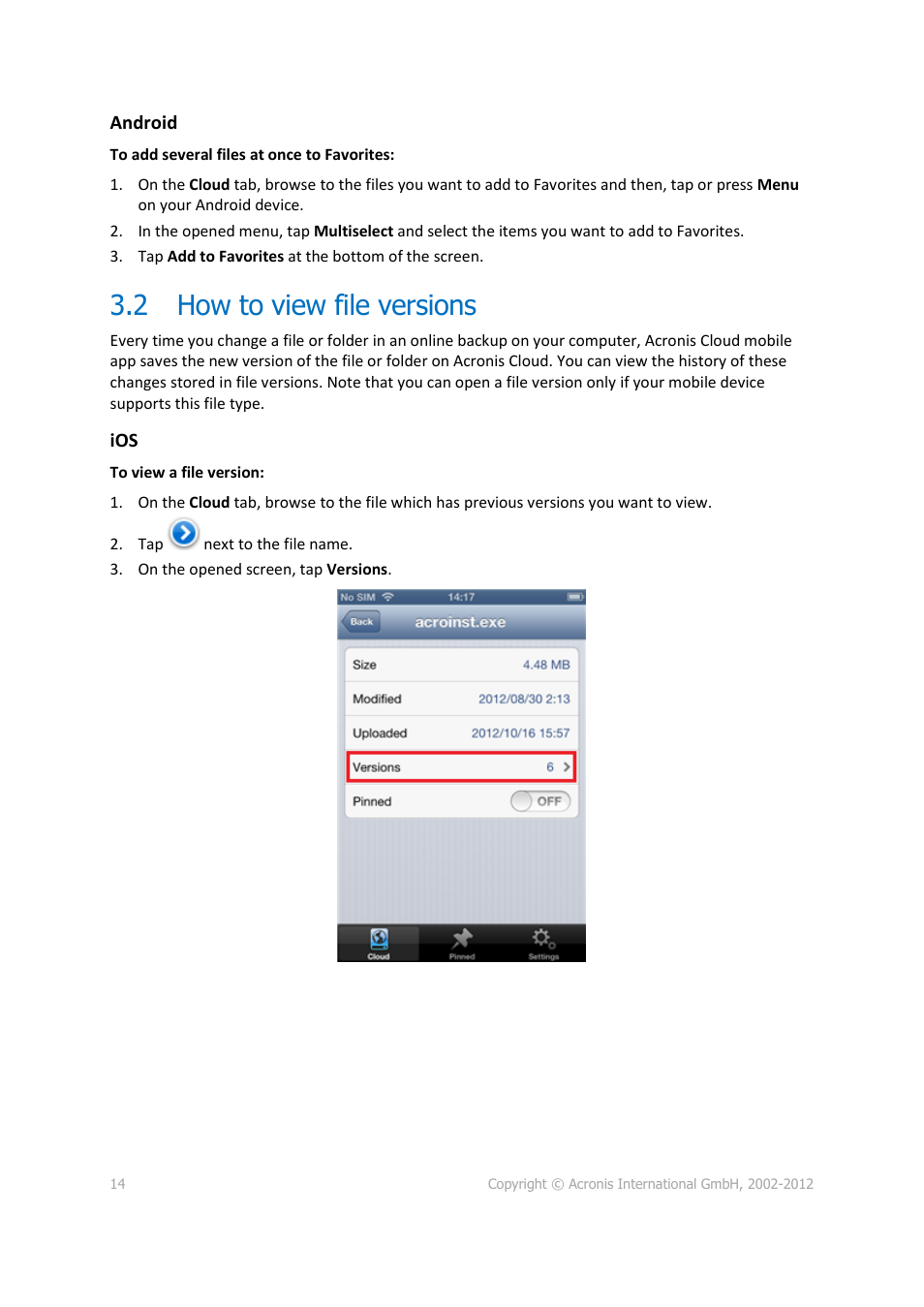 2 how to view file versions, How to view file versions | Acronis Cloud Mobile App - User Guide User Manual | Page 14 / 15