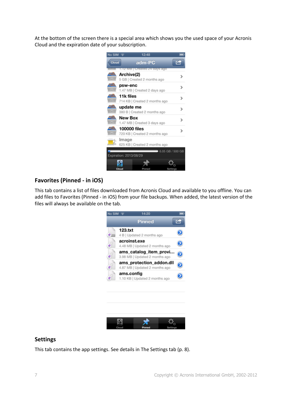 Favorites (pinned - in ios), Settings | Acronis Cloud Mobile App - User Guide User Manual | Page 7 / 15