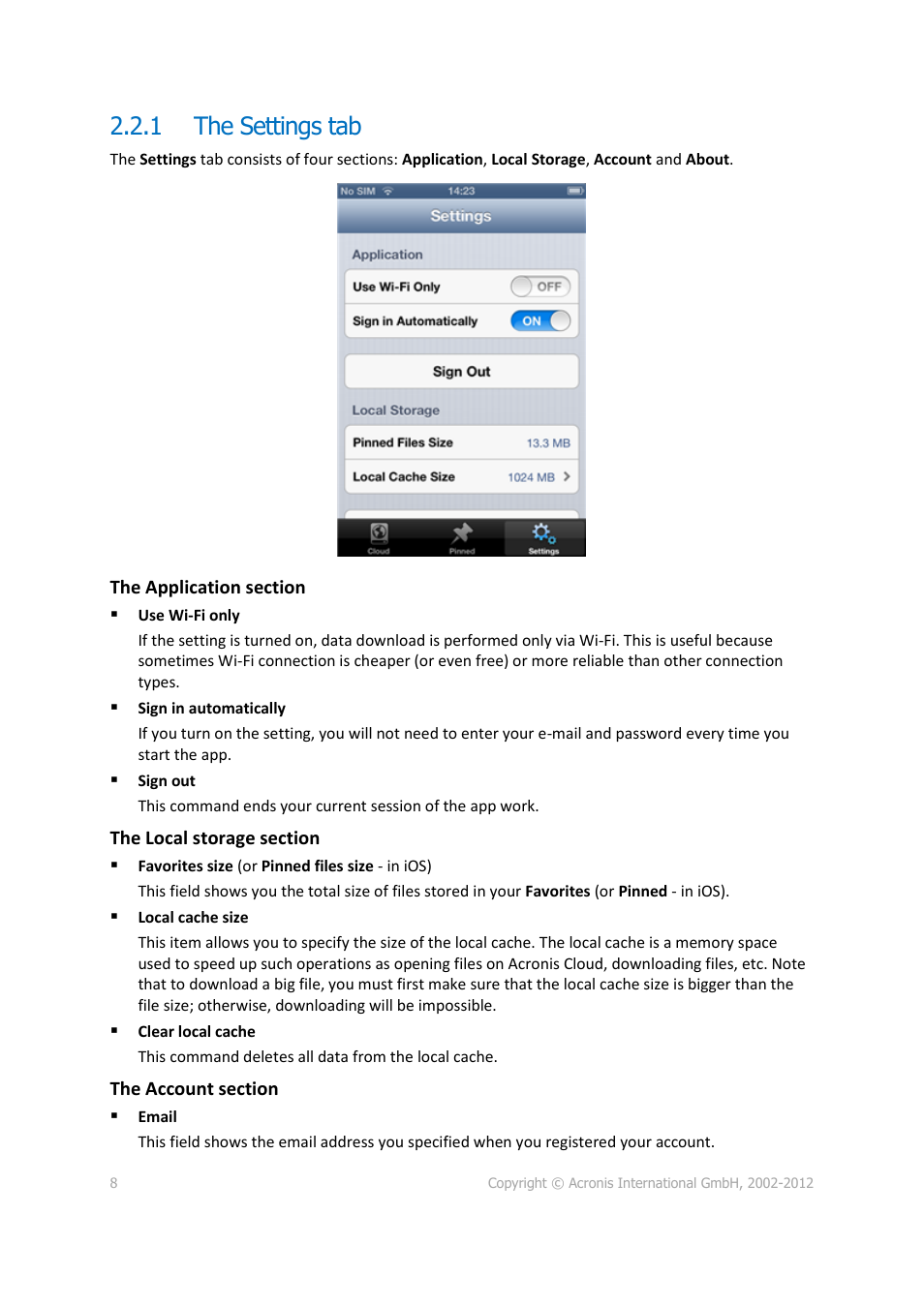 1 the settings tab, The settings tab | Acronis Cloud Mobile App - User Guide User Manual | Page 8 / 15